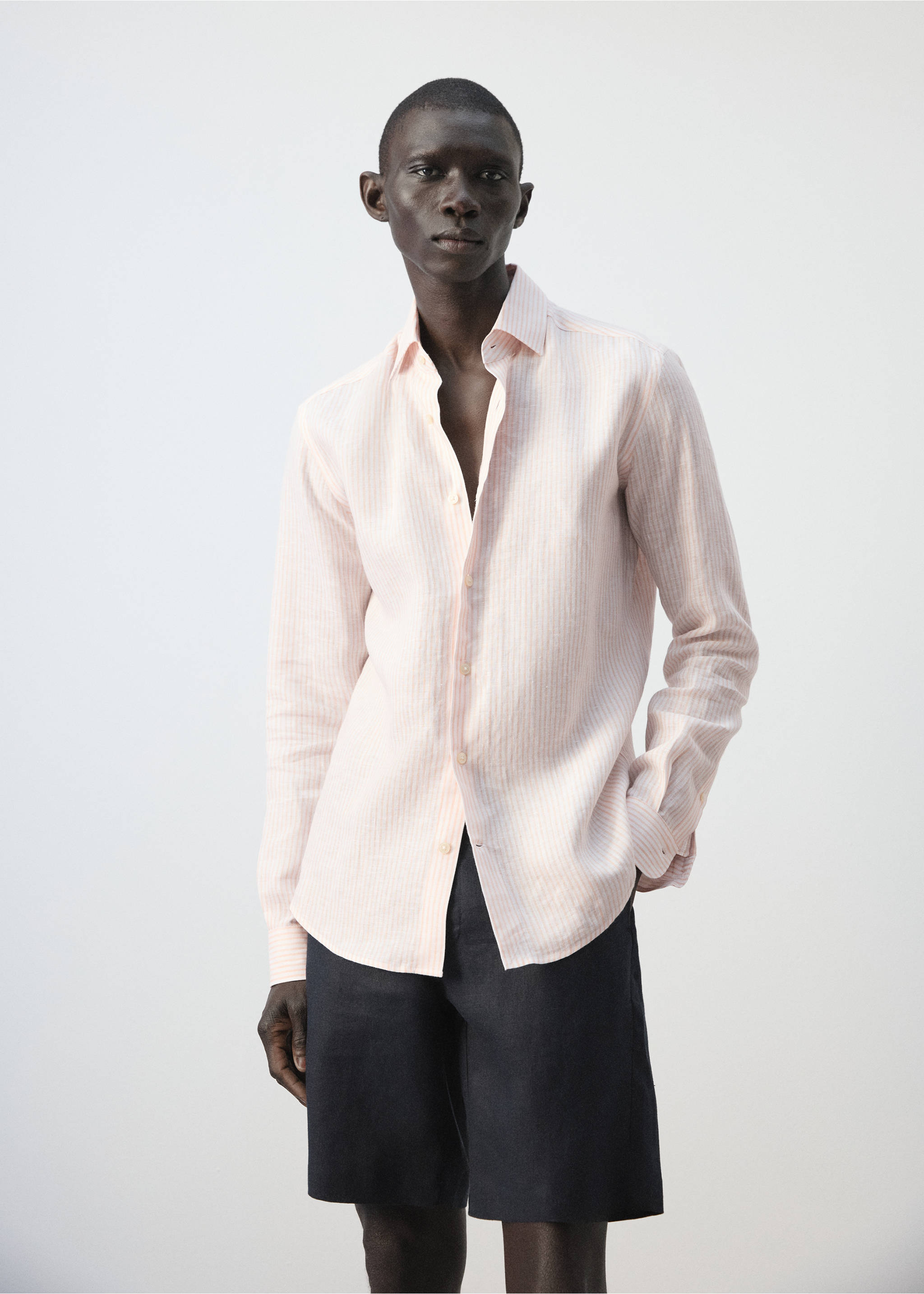 Camisa slim fit 100% lino rayas - Plano medio, Melocotón. Ref: 27036711-00.