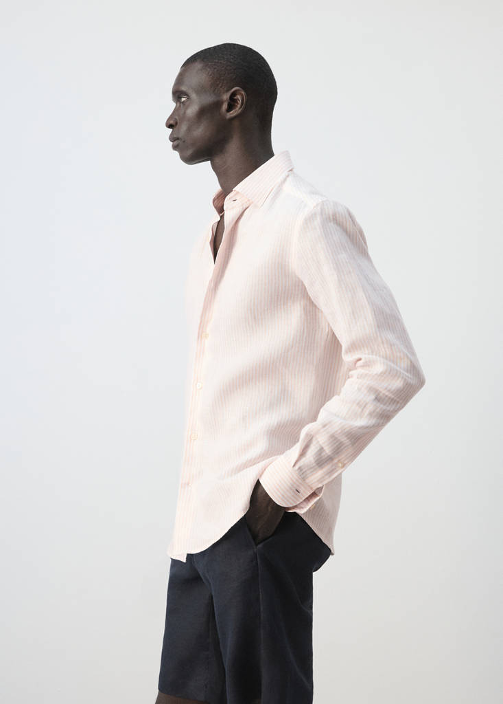 Slim fit 100% linen striped shirt — Peach