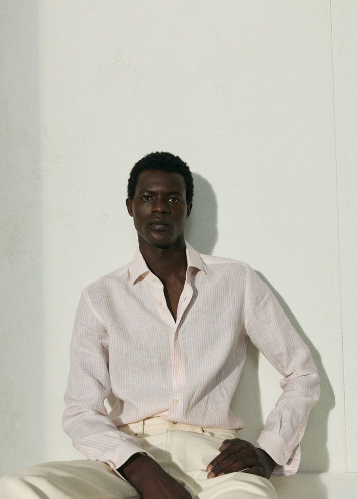 Slim fit 100% linen striped shirt — Peach