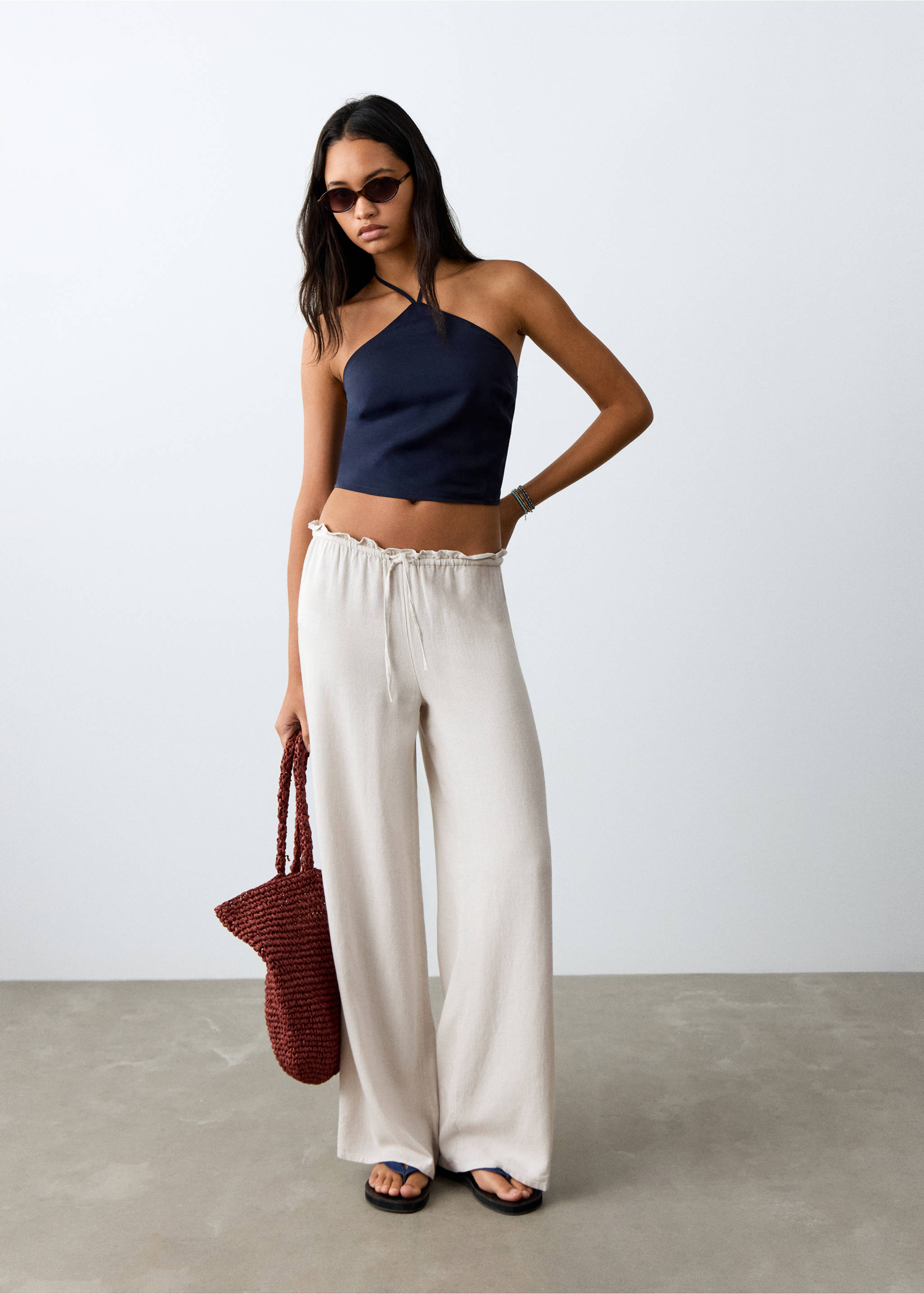 Льняные брюки с бантом - Общий план, Серый. Ref: 27036716-00.