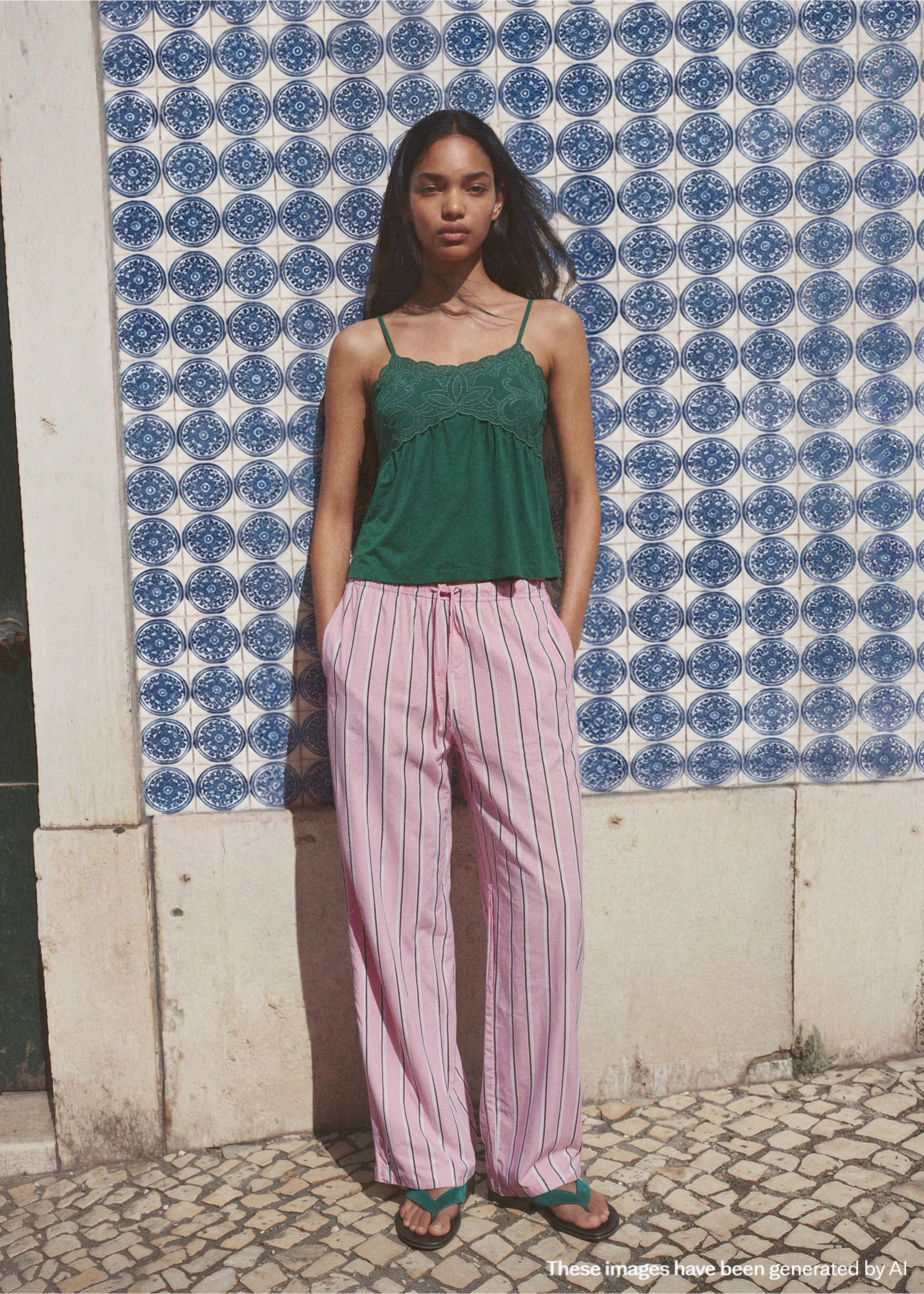 Striped trousers with scalloped details - General plane, Pastel Pink. Ref: 27036730-00.