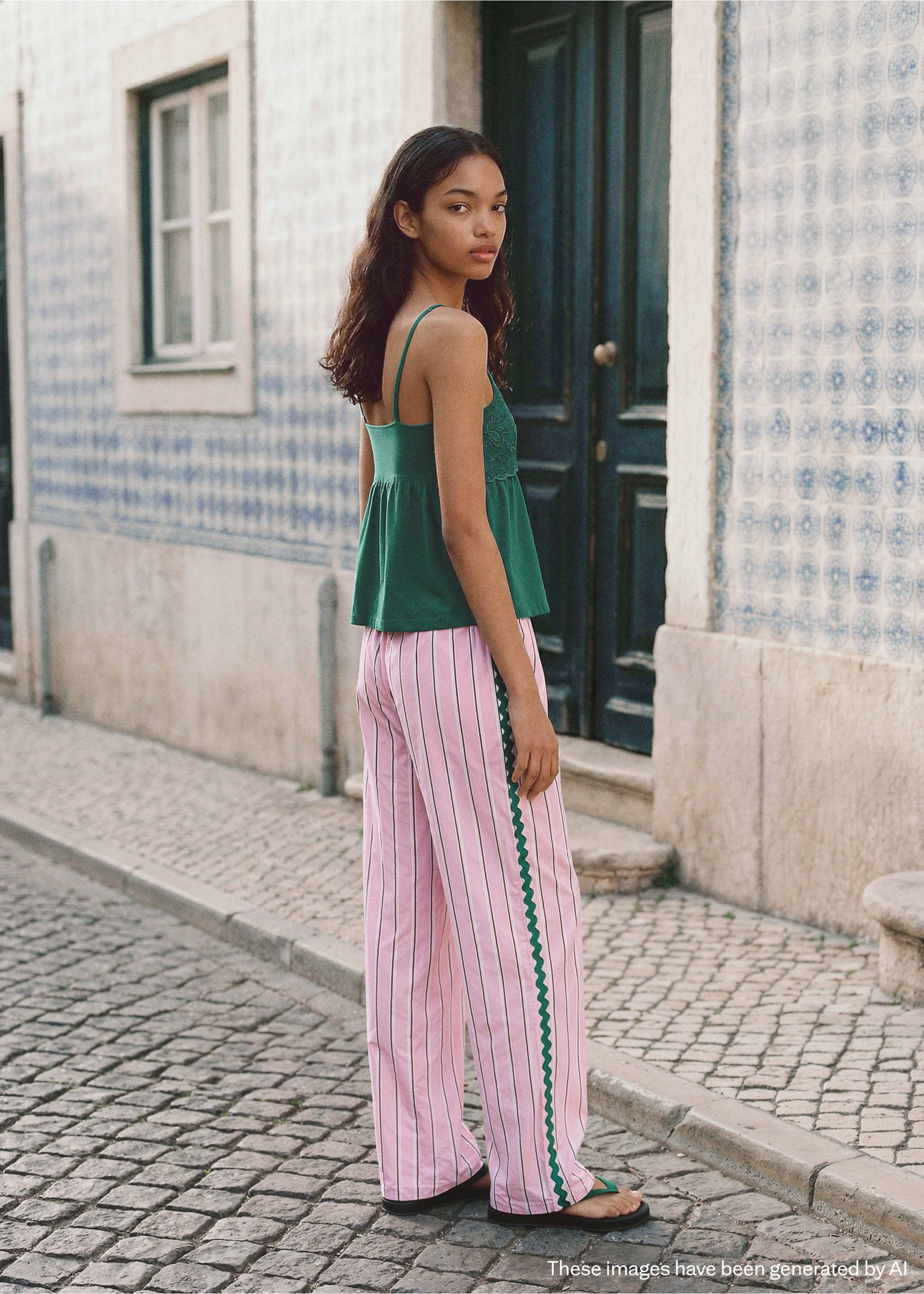 Striped trousers with scalloped details - Reverse of the article, Pastel Pink. Ref: 27036730-00.