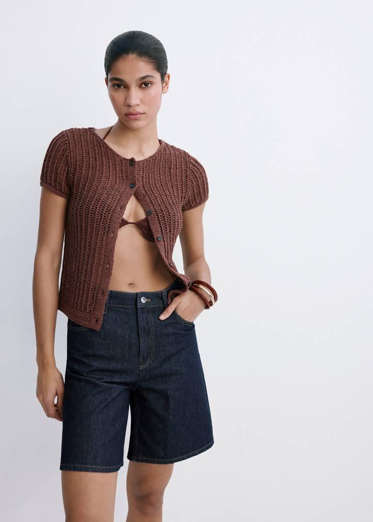 High-waist straight-fit denim shorts — Open Blue