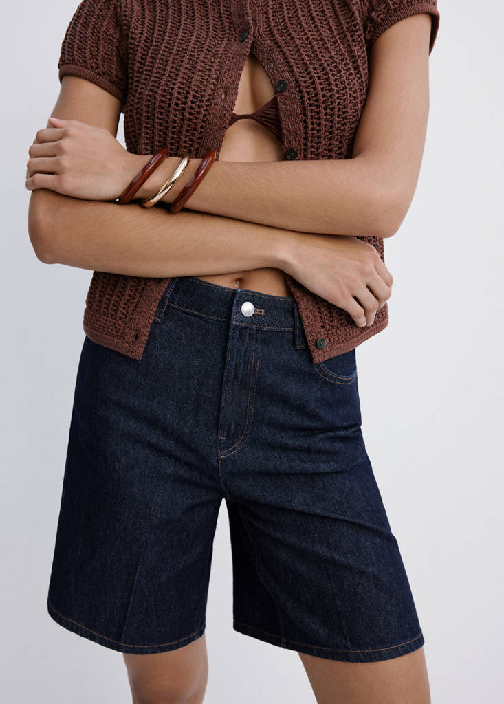 High-waist straight-fit denim shorts — Open Blue