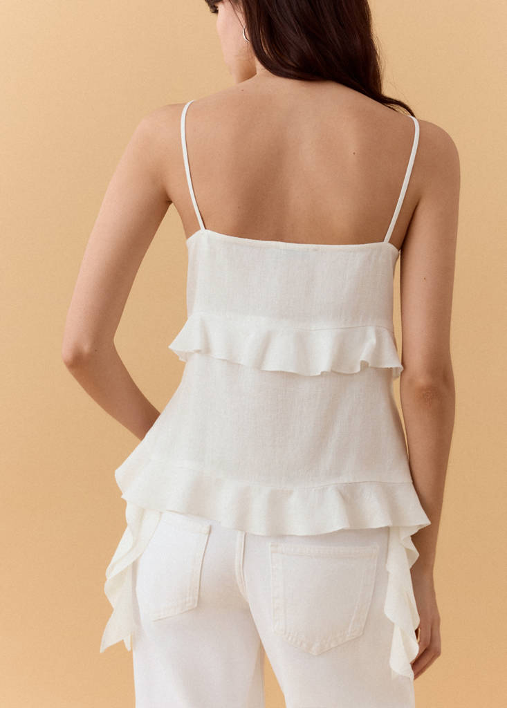 Linen blend frill top — Off White