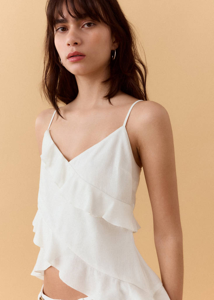 Linen blend frill top — Off White