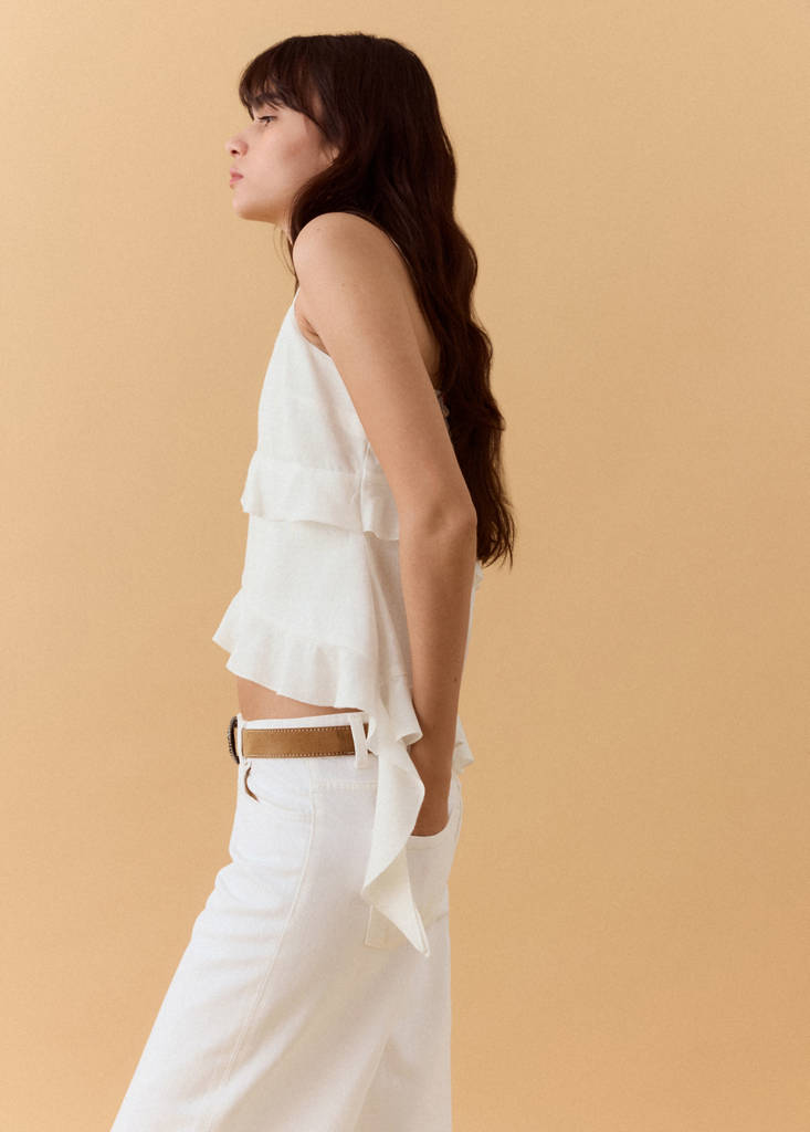 Linen blend frill top — Off White