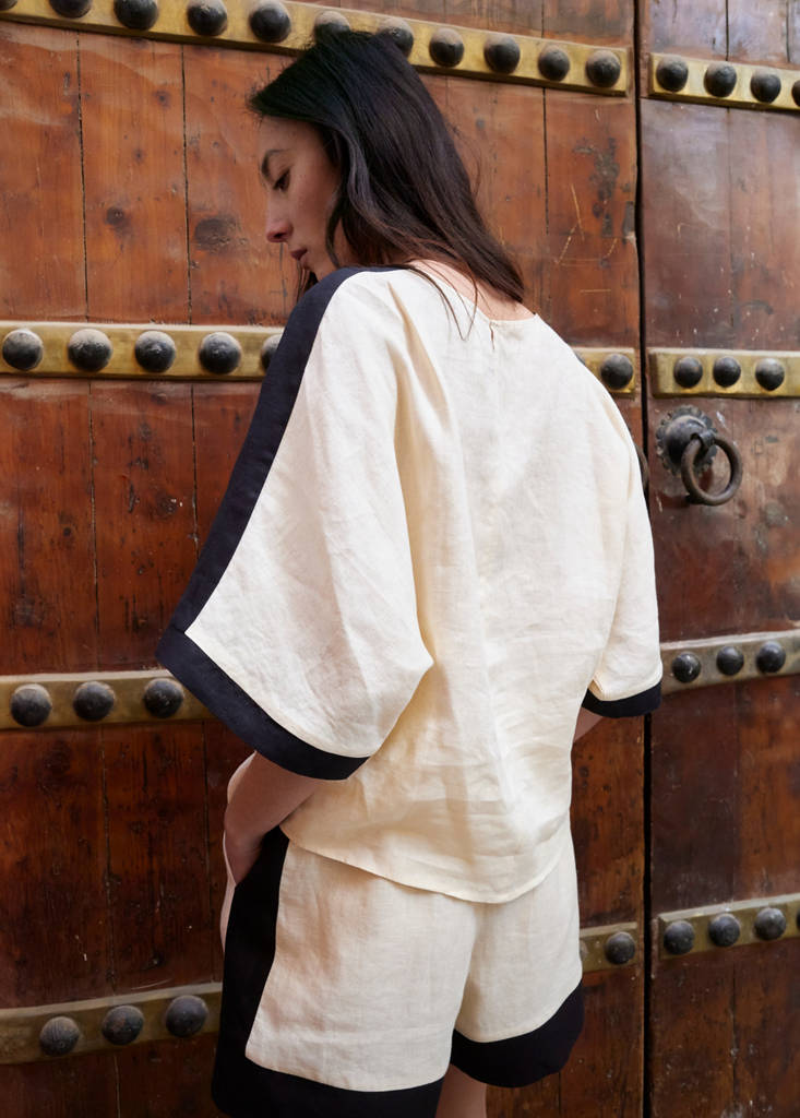 Linen blouse with contrasting stripes — Ecru