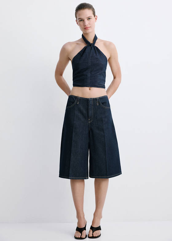 Halter yaka denim bluz