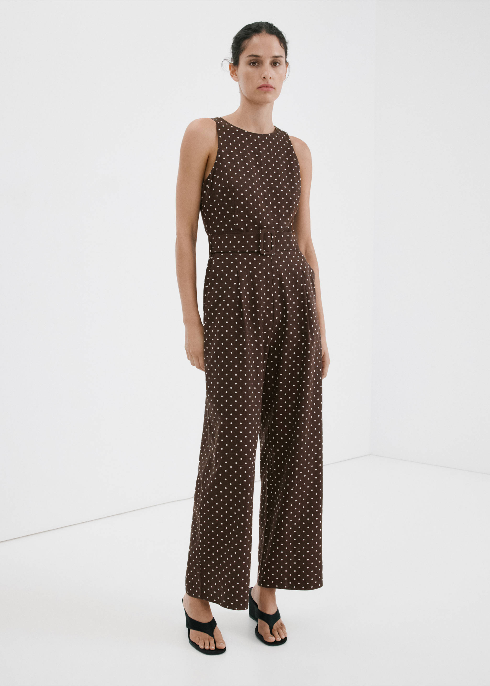 Linen jumpsuit with polka-dot belt - General plane, Chocolate. Ref: 27037153-00.