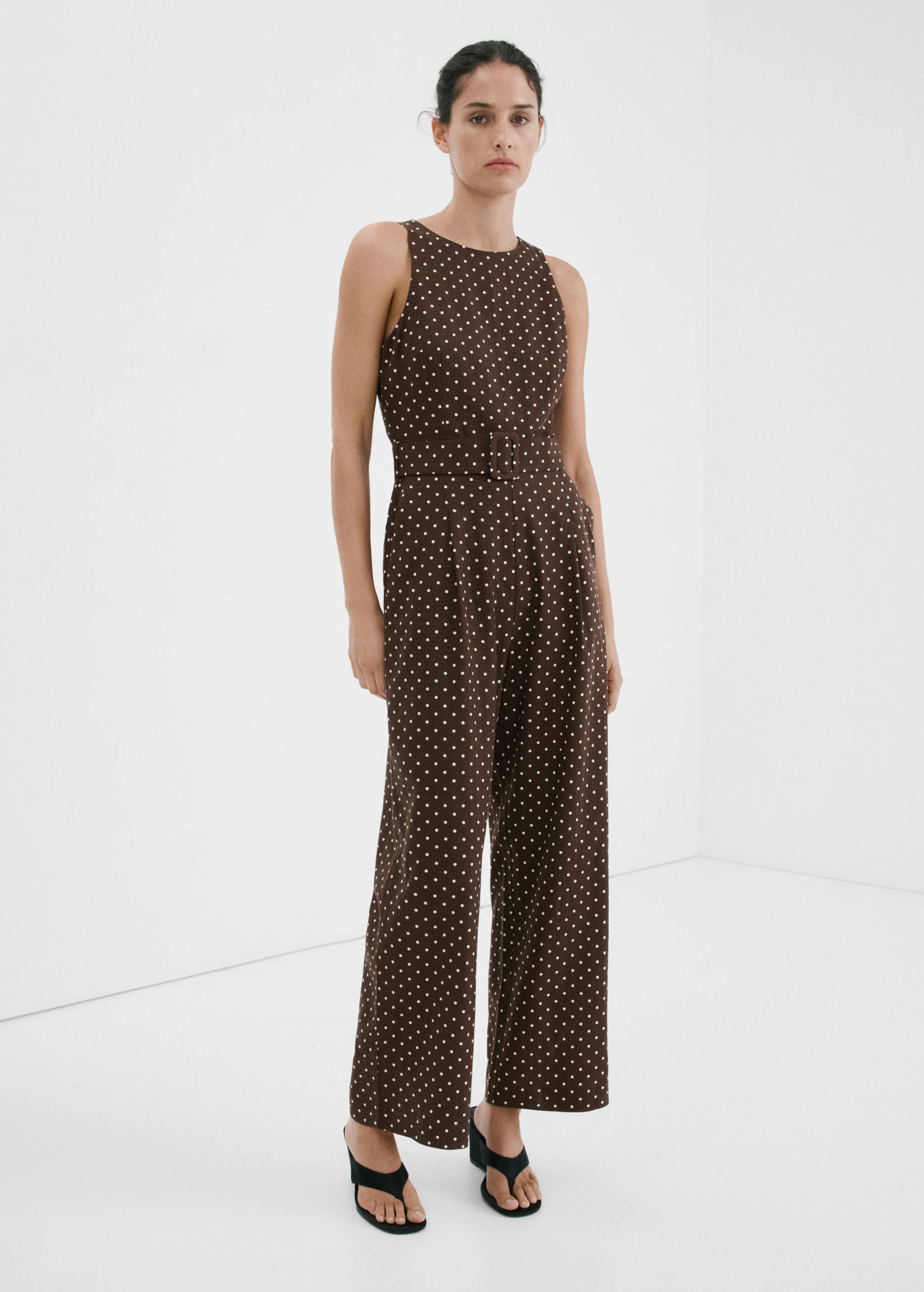Linen jumpsuit with polka-dot belt - General plane