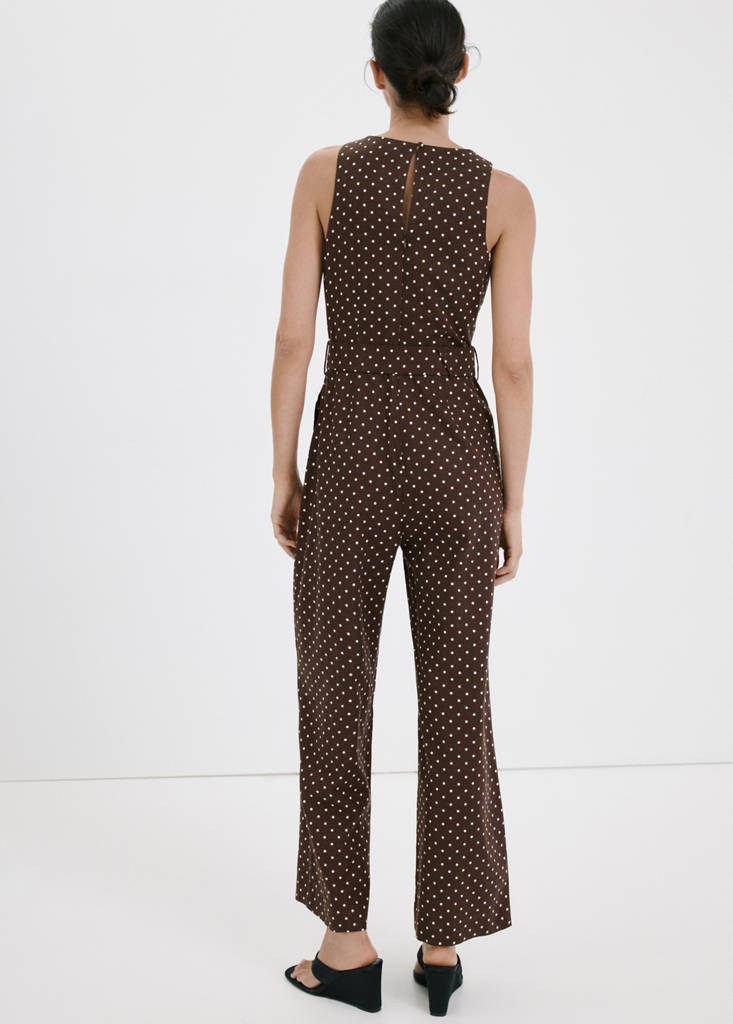 Linen jumpsuit with polka-dot belt — Chocolate
