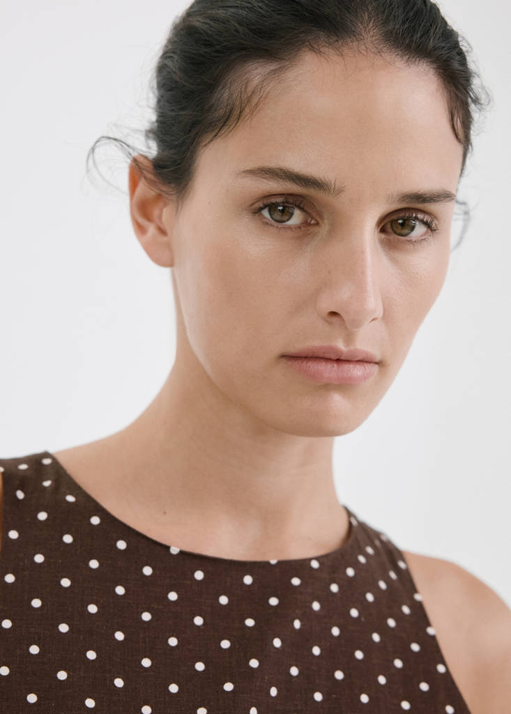 Linen jumpsuit with polka-dot belt — Chocolate