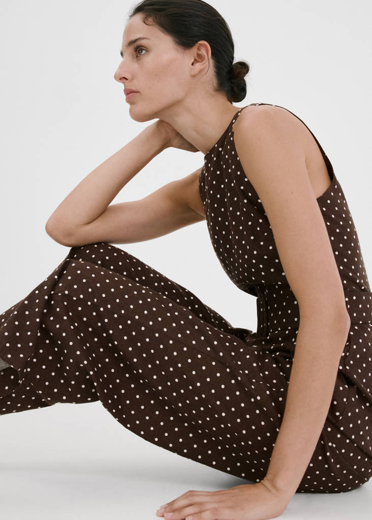 Linen jumpsuit with polka-dot belt — Chocolate