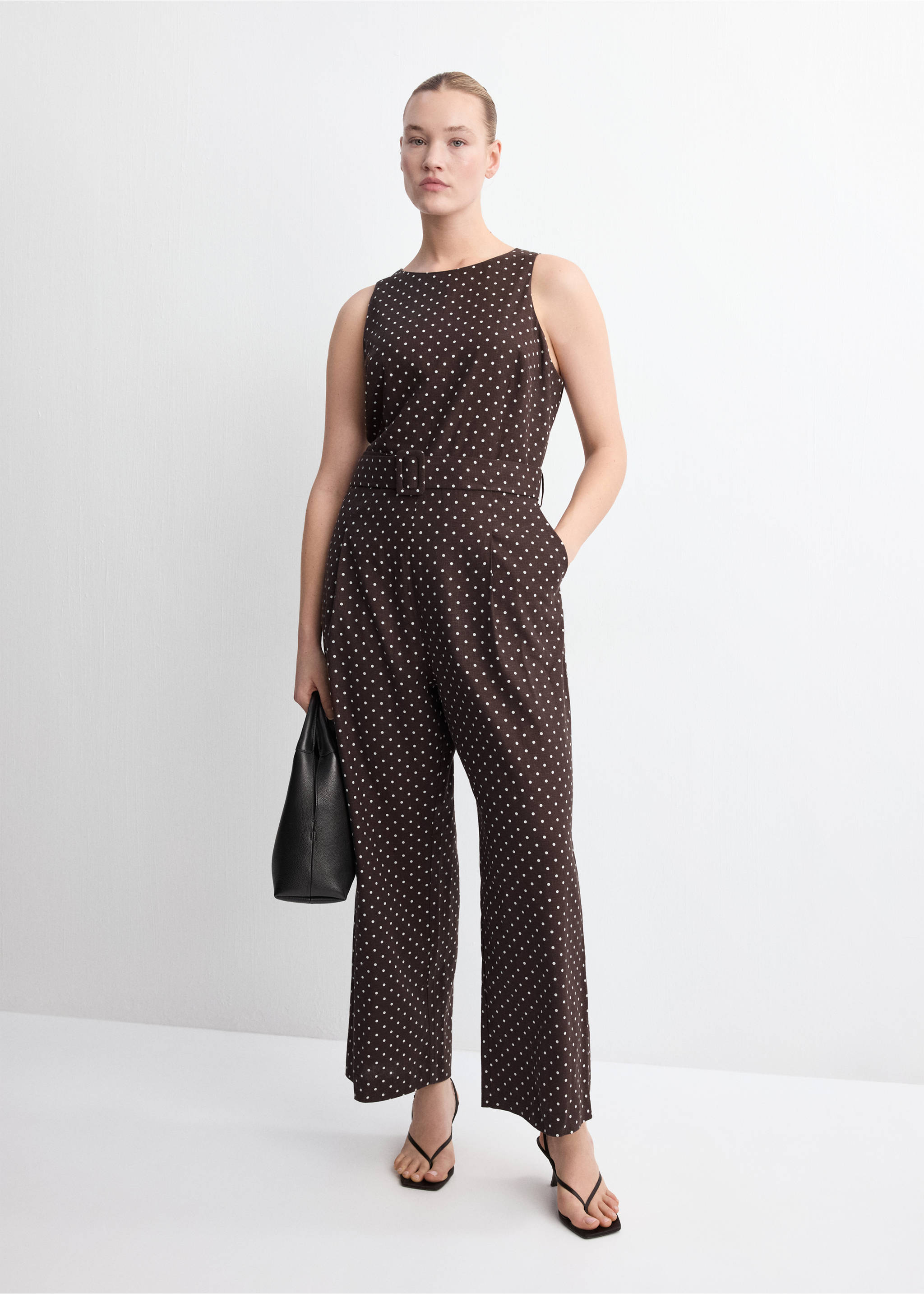 Linen jumpsuit with polka-dot belt - Details of the article 3, Chocolate. Ref: 27037153-00.