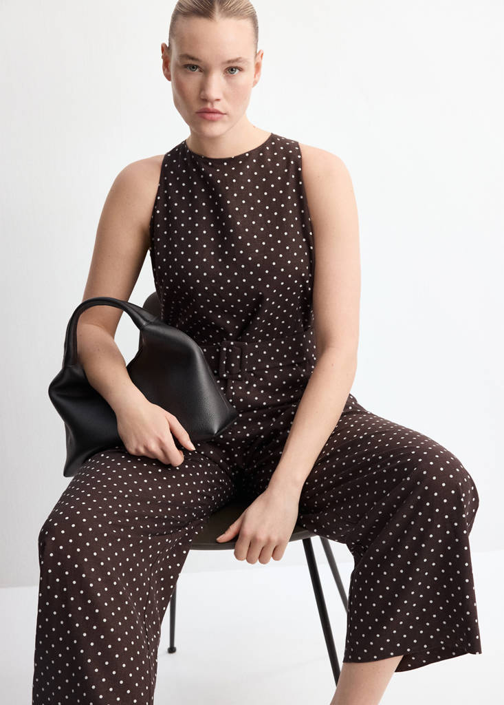 Linen jumpsuit with polka-dot belt — Chocolate