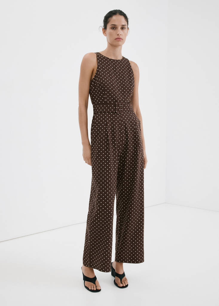 Linen jumpsuit with polka-dot belt — Chocolate