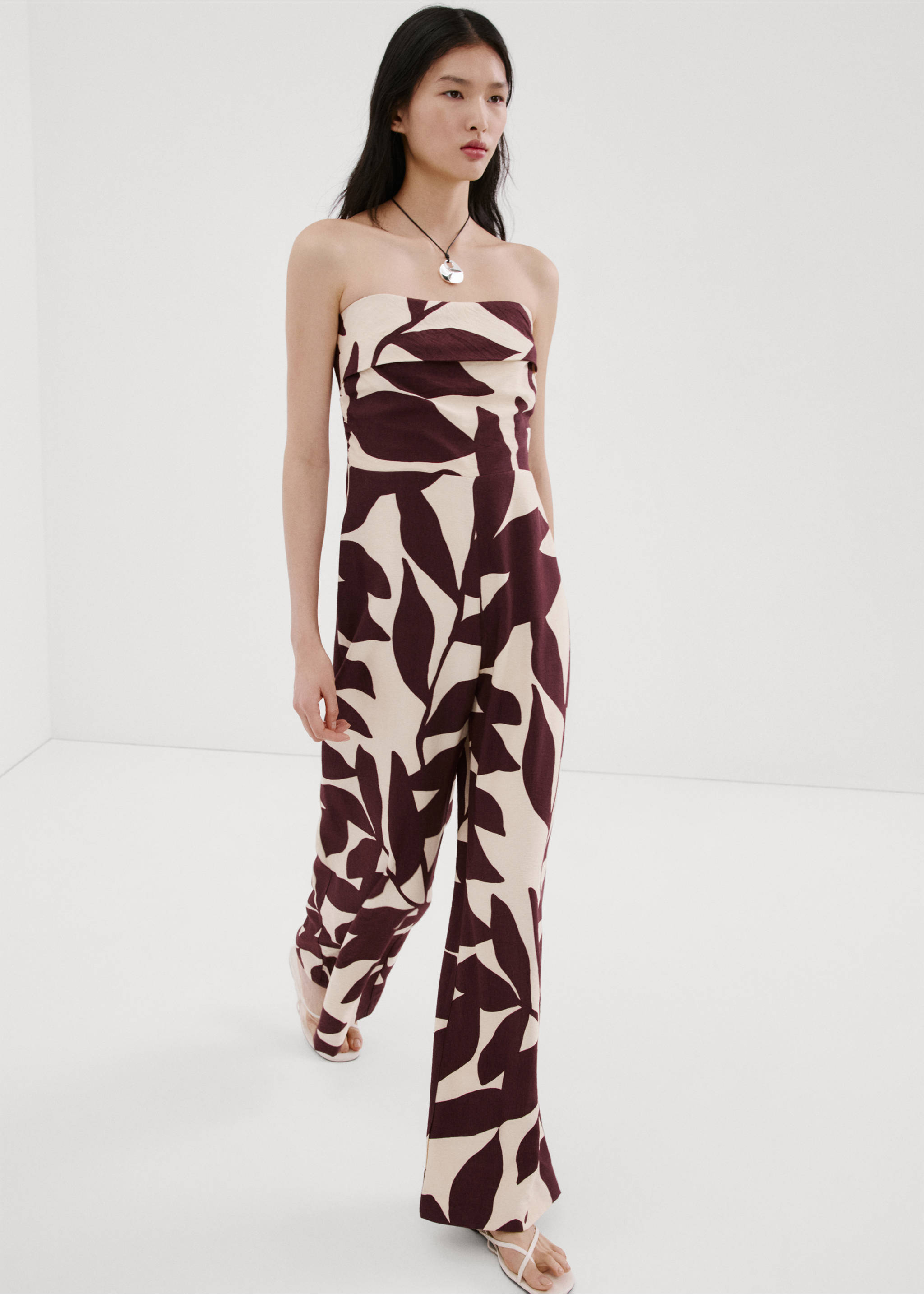 Printed strapless jumpsuit - Details of the article 1, Ecru. Ref: 27037154-00.