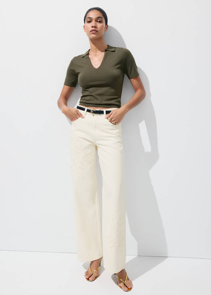 Flower-embroidered straight-fit jeans — Ecru