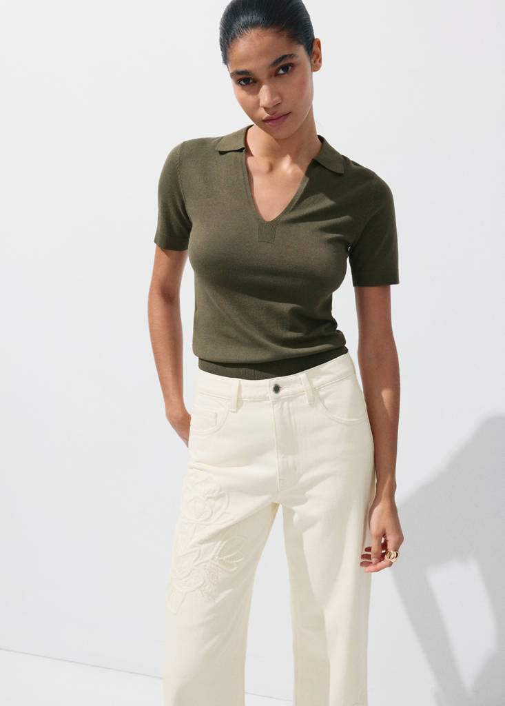 Flower-embroidered straight-fit jeans — Ecru