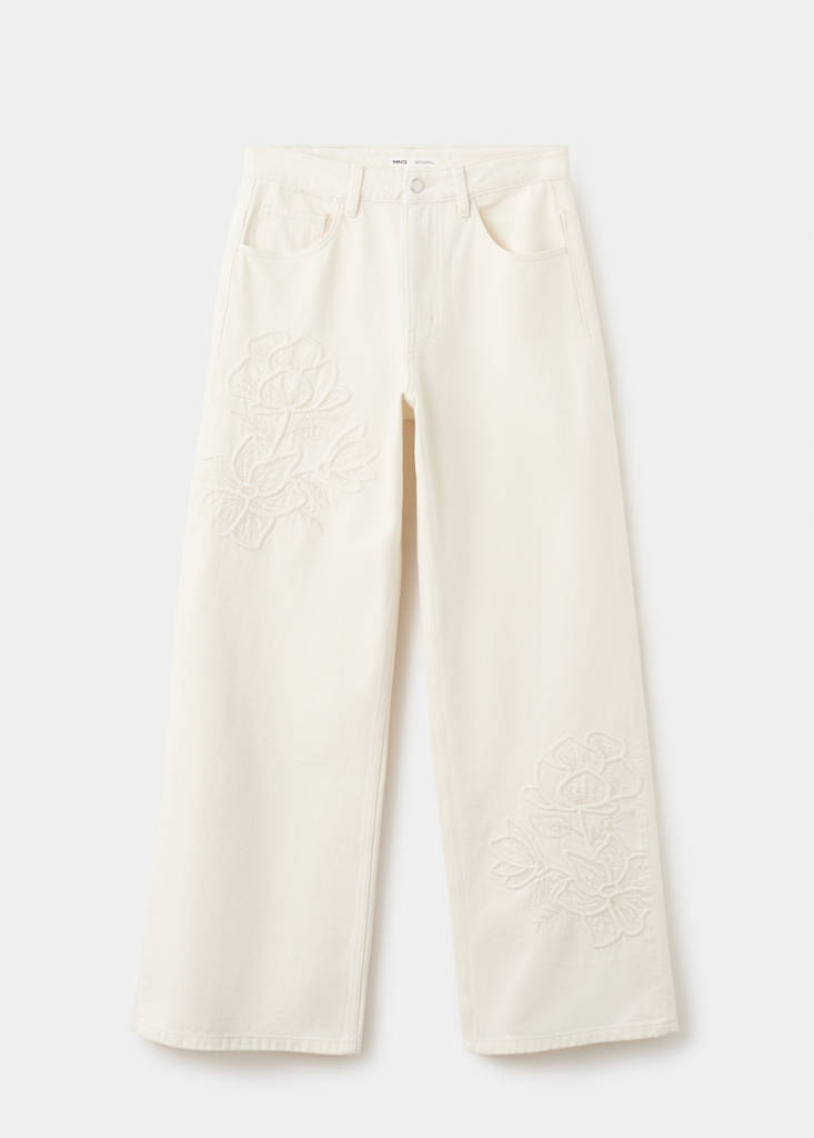 Flower-embroidered straight-fit jeans — Ecru