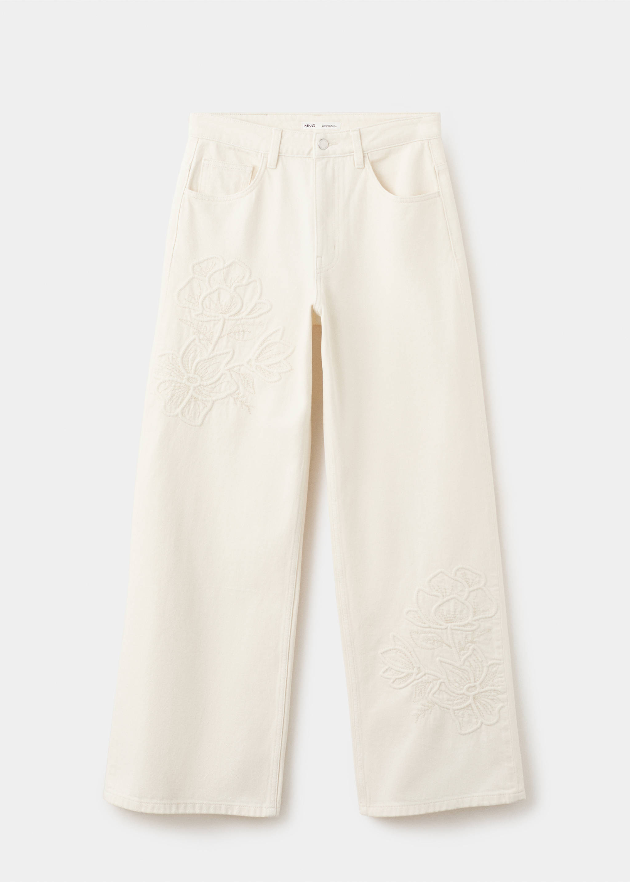 Flower-embroidered straight-fit jeans - Article without model, Ecru. Ref: 27037156-00.