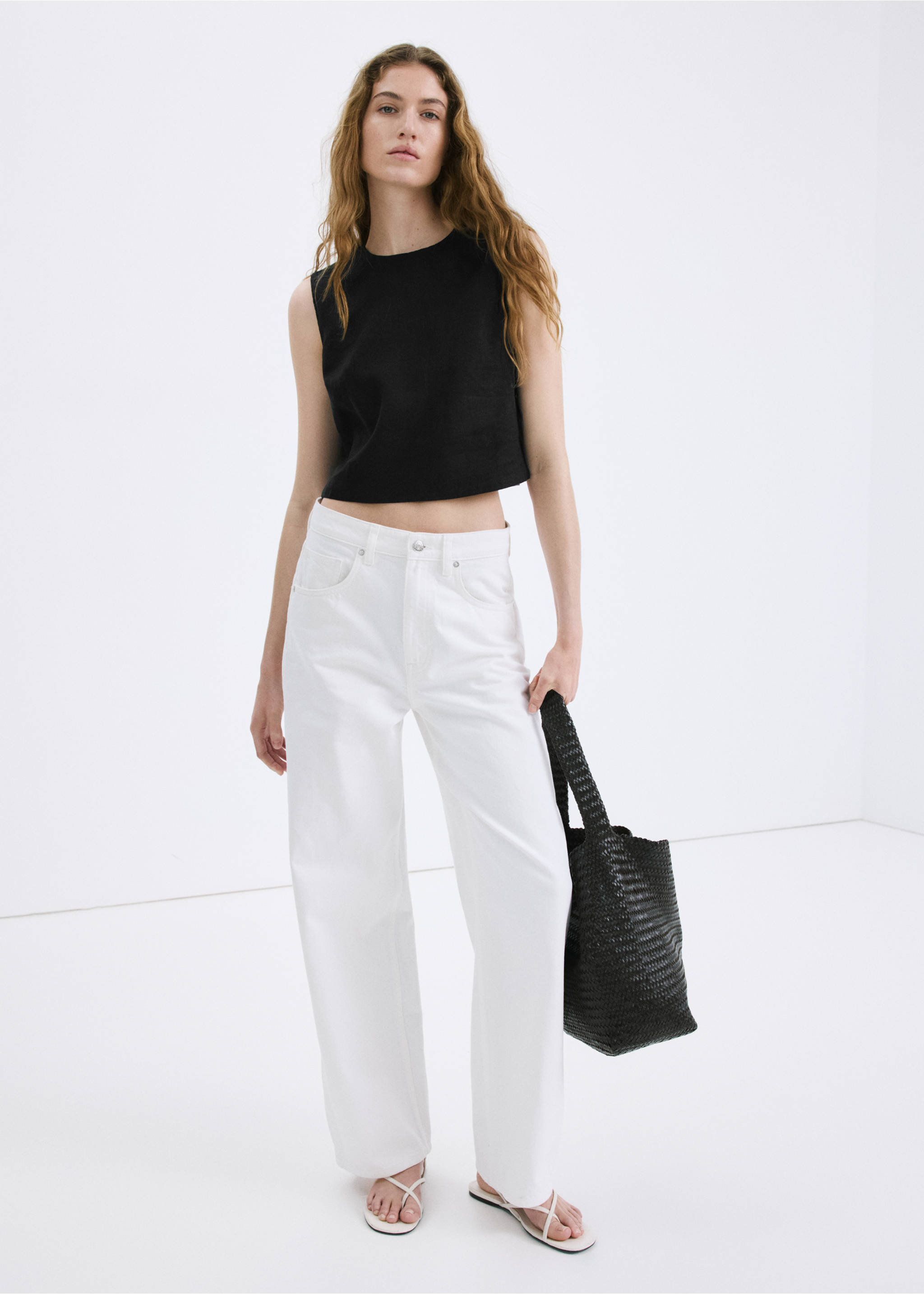 100% linen crop top - General plane, Black. Ref: 27037157-00.