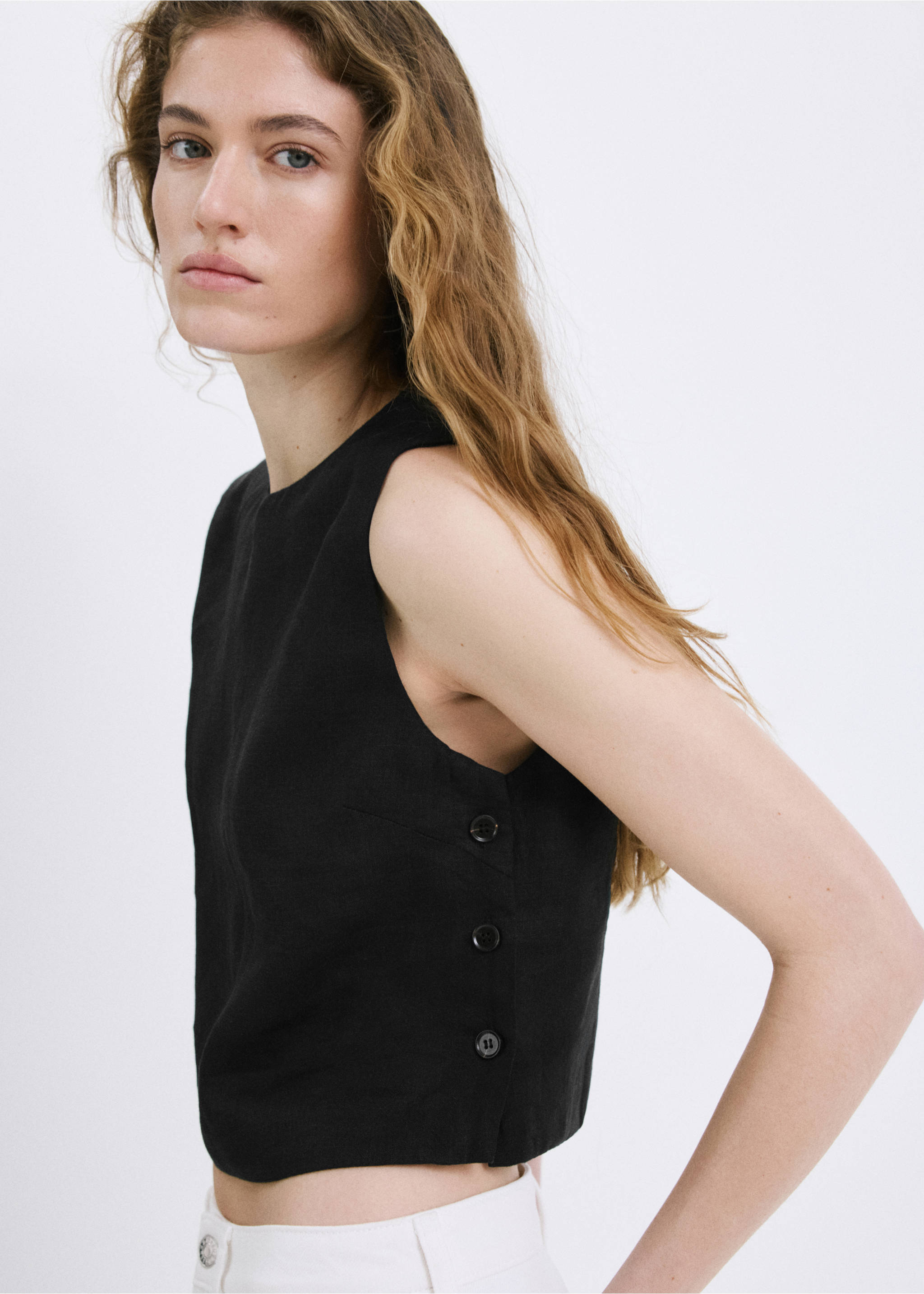 100% linen crop top - Medium plane, Black. Ref: 27037157-00.