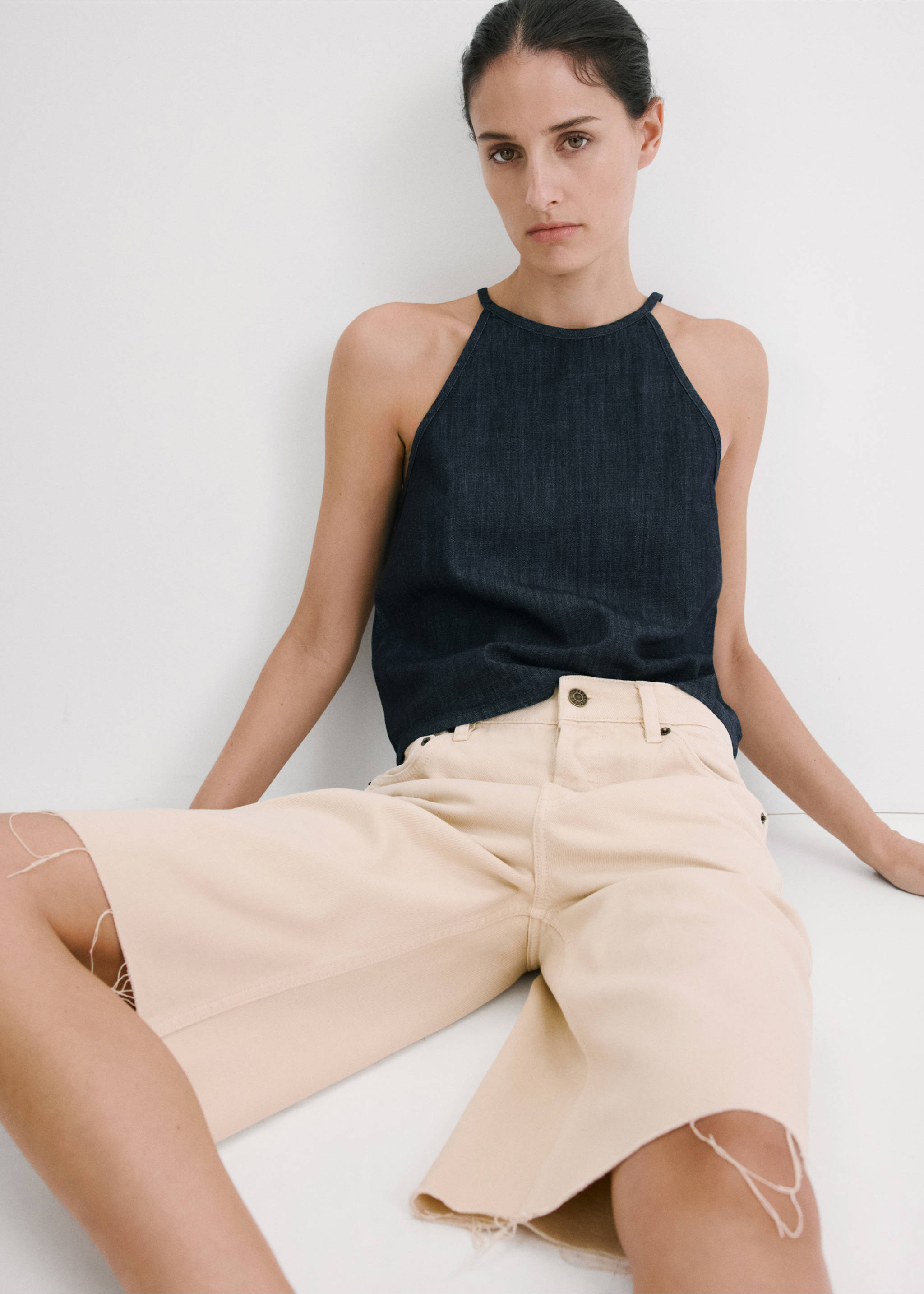 Top denim cuello halter - Plano medio, Azul. Ref: 27037158-00.