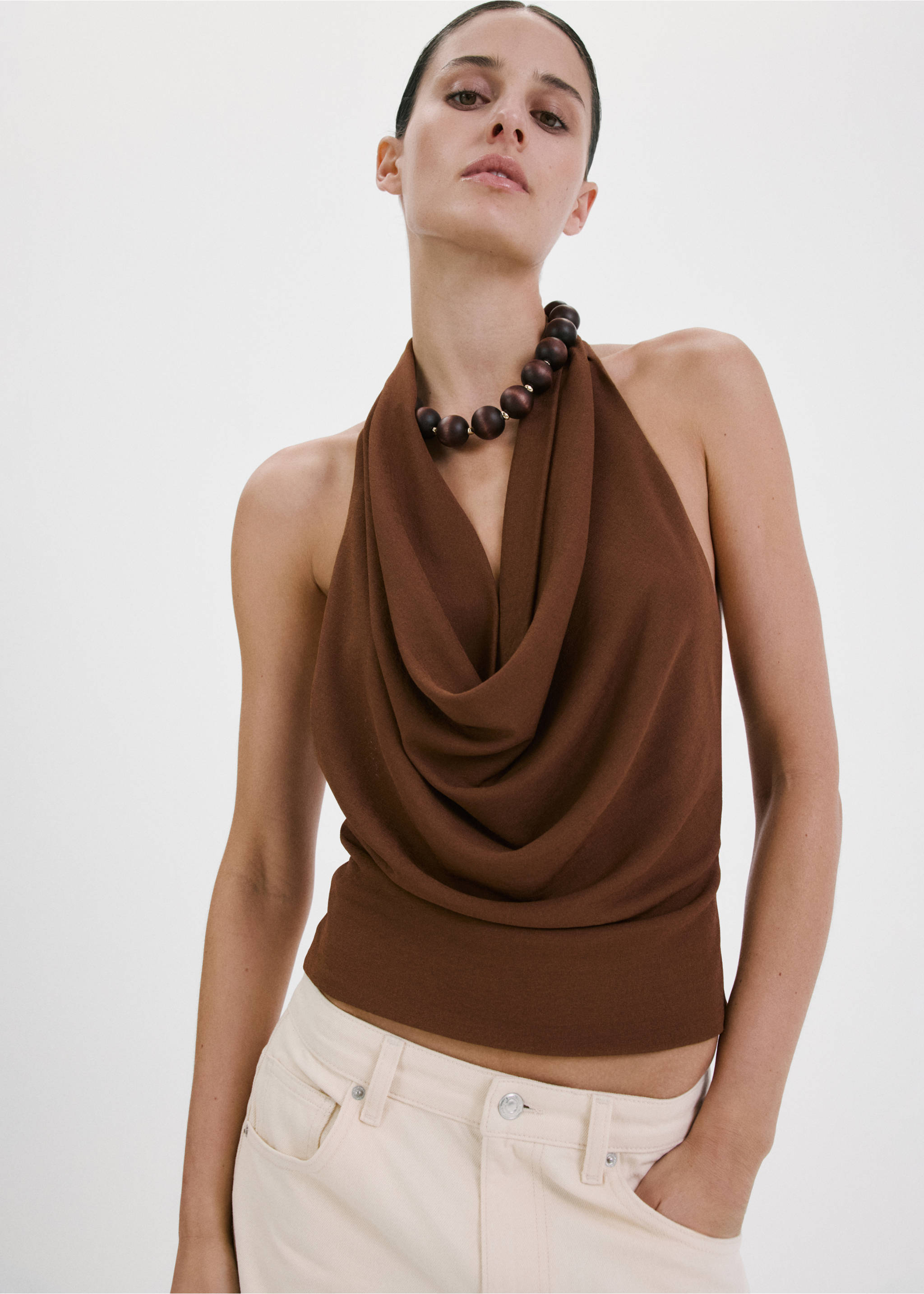 Draped halter top - Medium plane, Brown. Ref: 27037159-00.