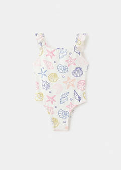 Navy print swimsuit with ruffles — White 1