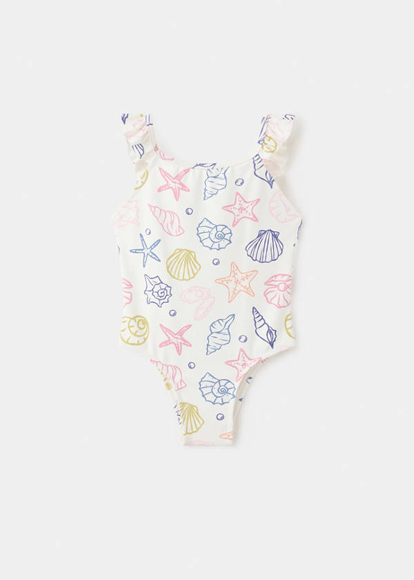 Navy print swimsuit with ruffles — White