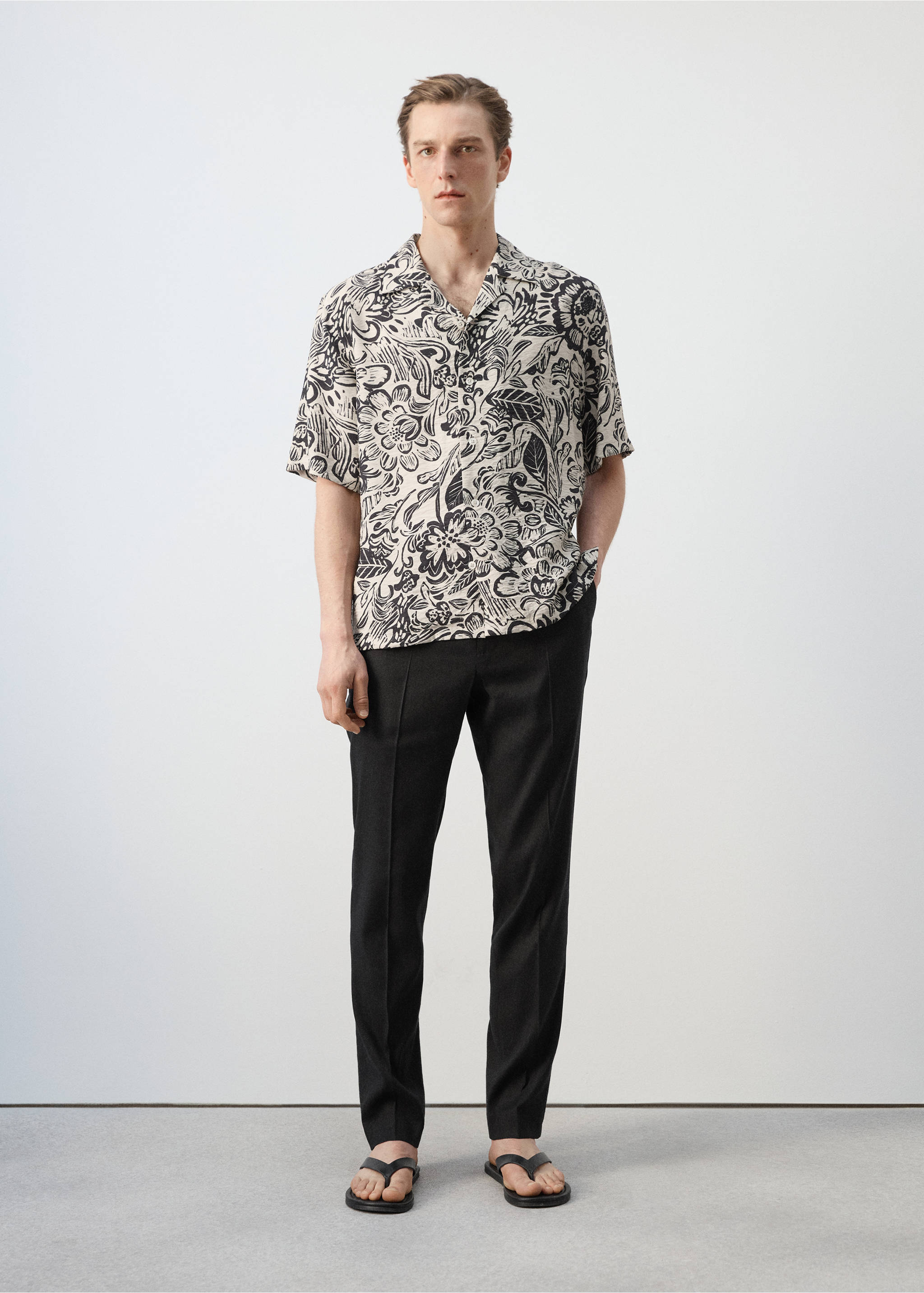 Chemise fluide imprimée col bowling - Plan général, Beige. Ref: 27037899-00.