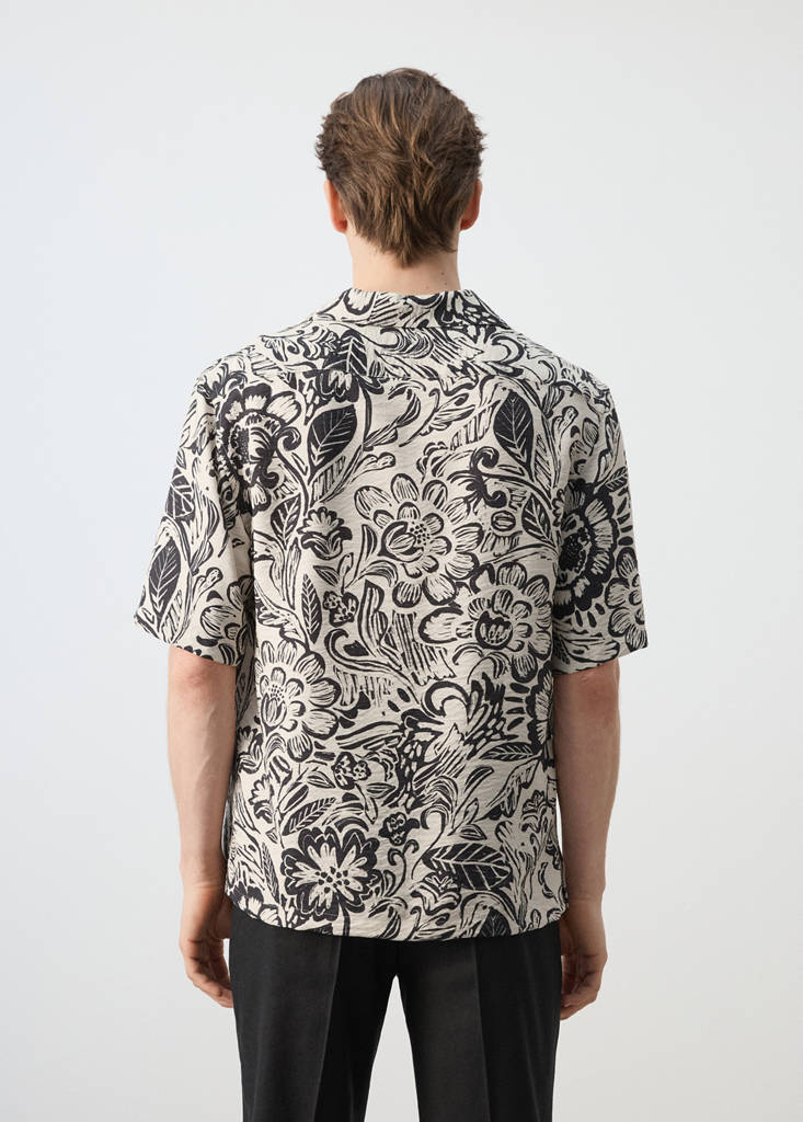 Printed flowing shirt with bowling collar — Beige