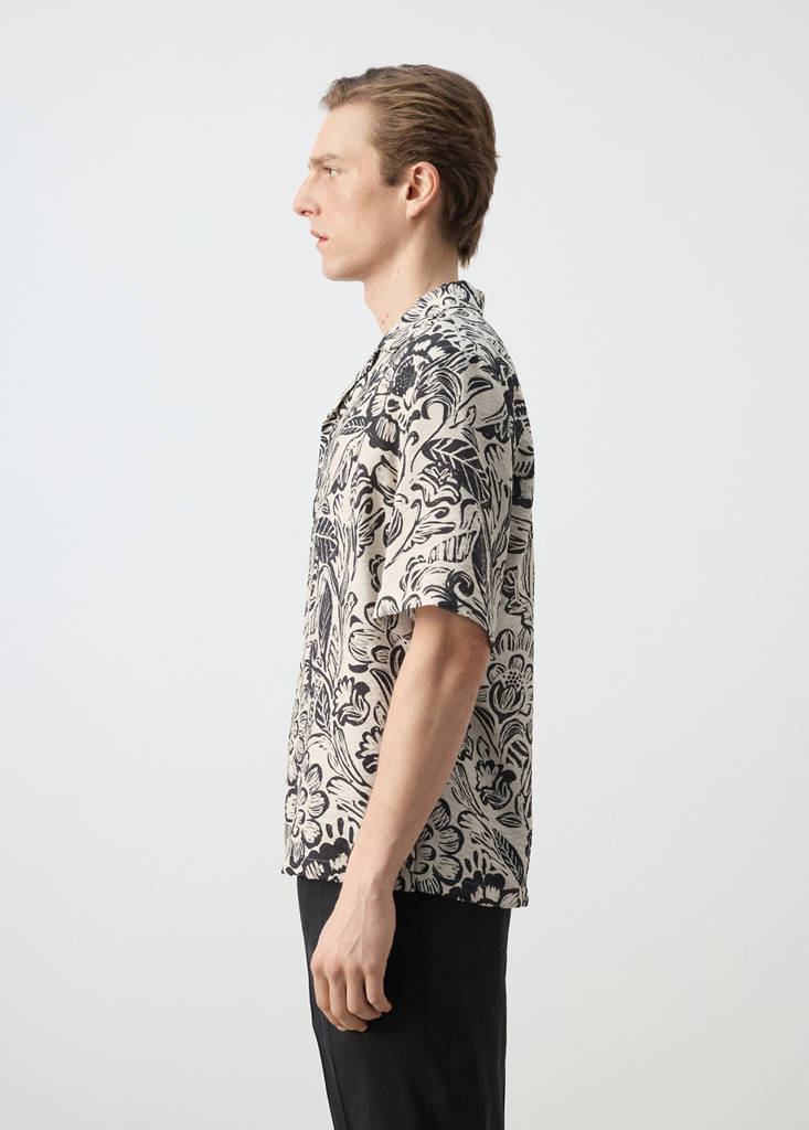 Printed flowing shirt with bowling collar — Beige