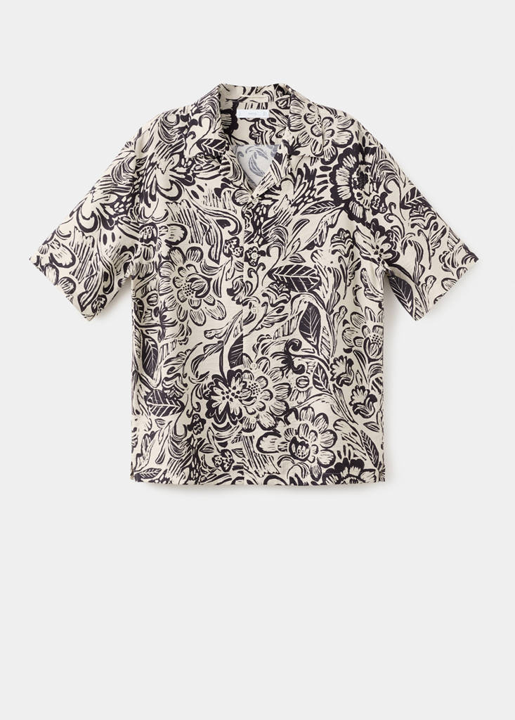 Printed flowing shirt with bowling collar — Beige
