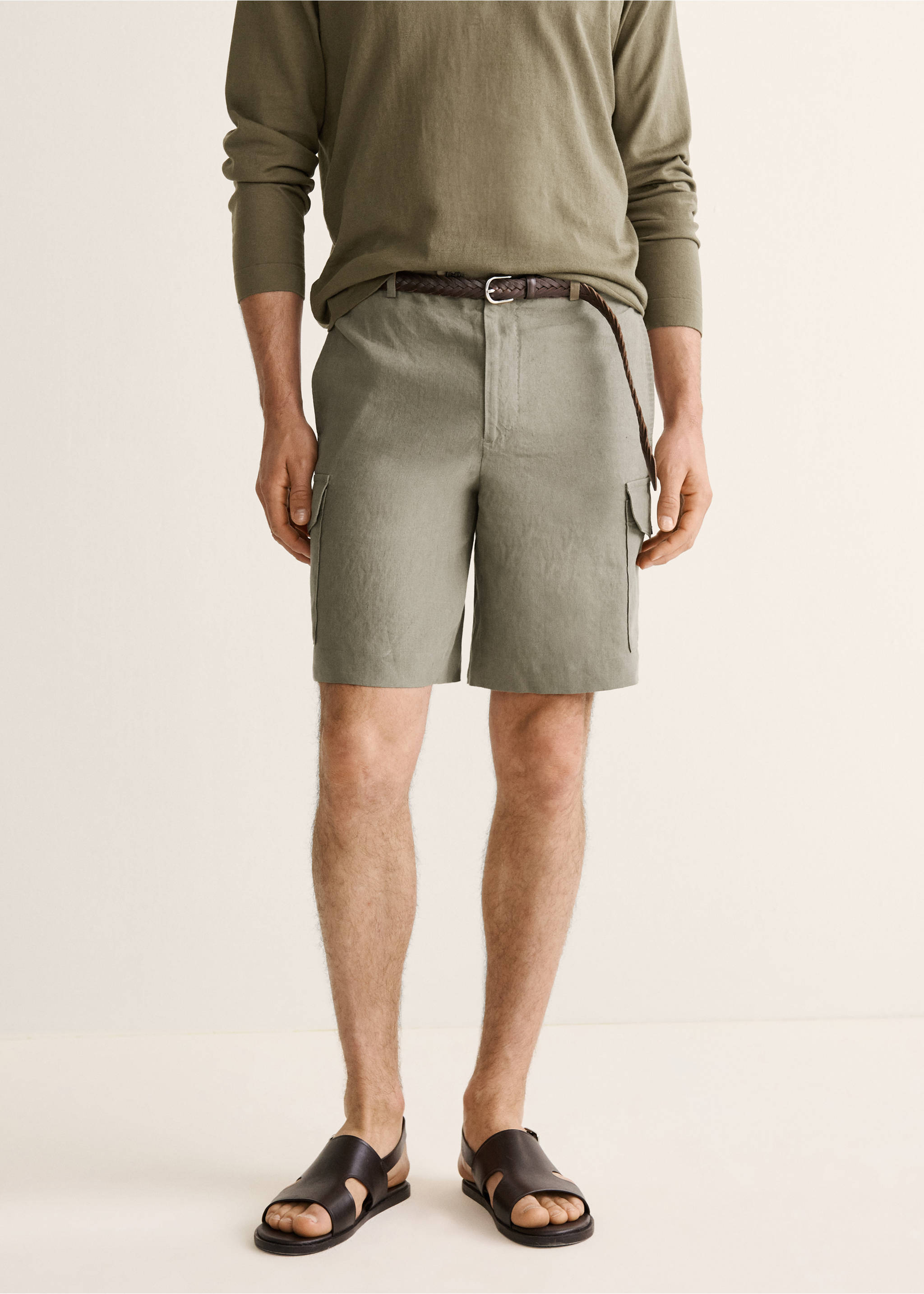 Cargo linen bermuda shorts - Medium plane, Khaki. Ref: 27037903-00.