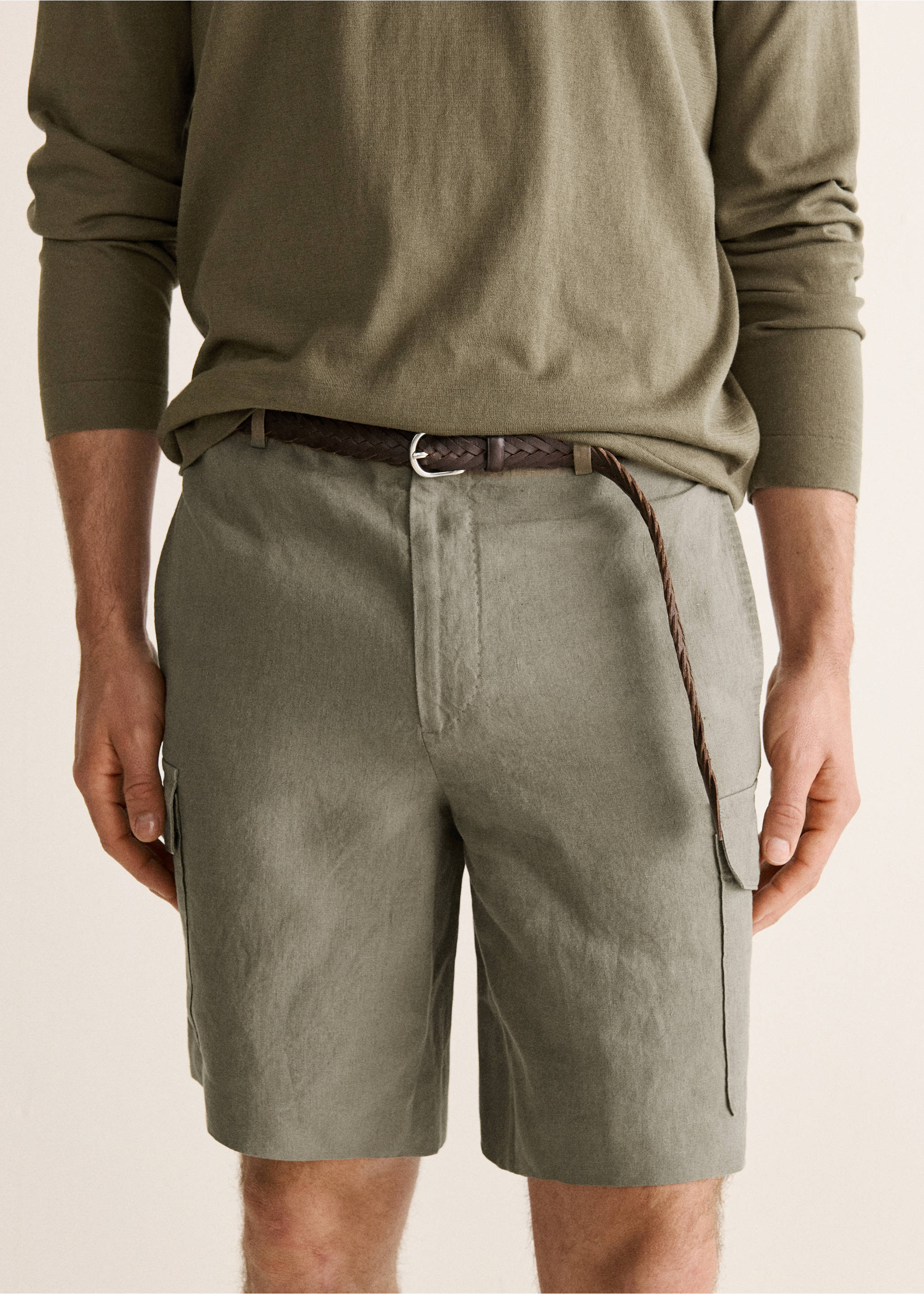 Cargo linen bermuda shorts - Details of the article 6, Khaki. Ref: 27037903-00.