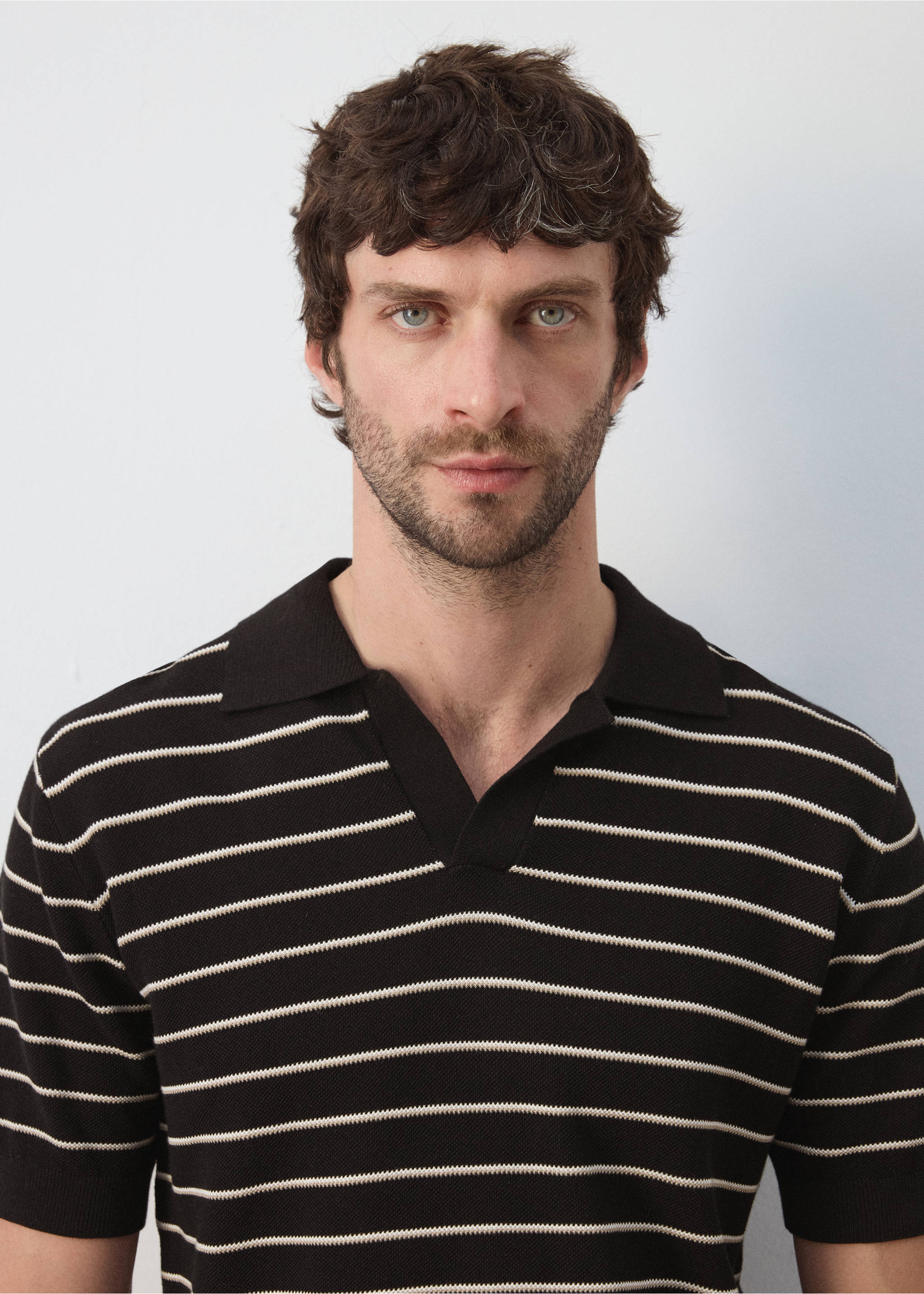 Striped knit cotton polo shirt - Details of the article 1, Black. Ref: 27037914-01.