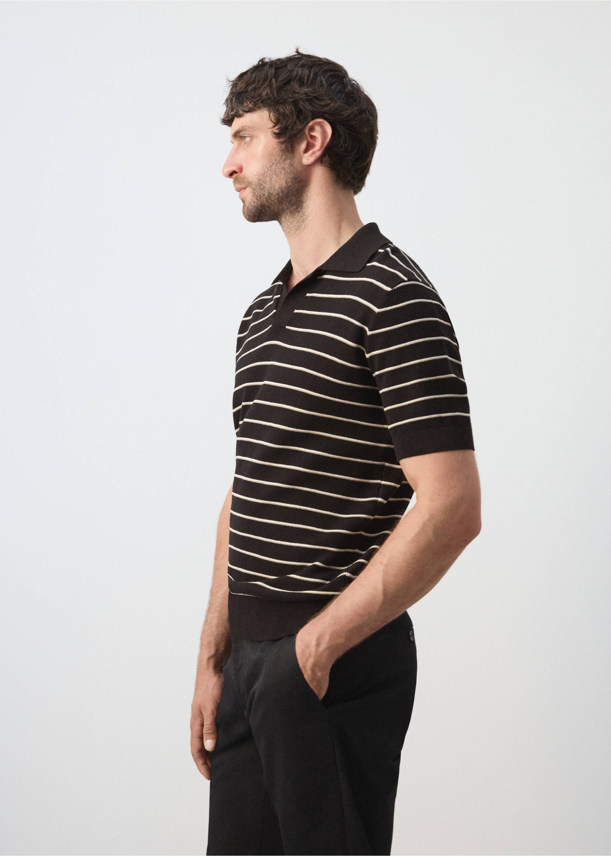 Striped knit cotton polo shirt - Details of the article 2, Black. Ref: 27037914-01.