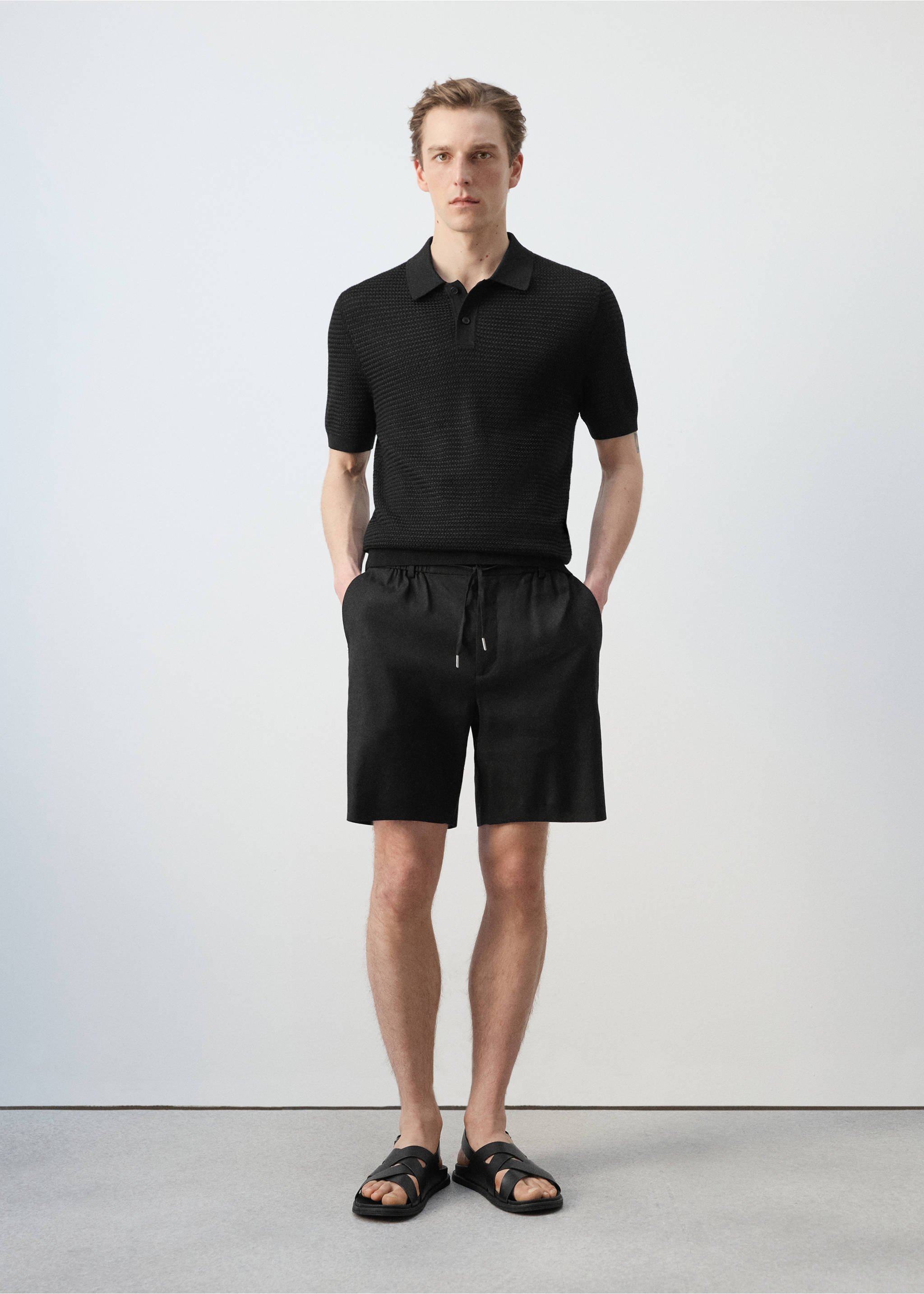 Fine-knit ribbed cotton polo shirt - General plane, Black. Ref: 27037915-00.