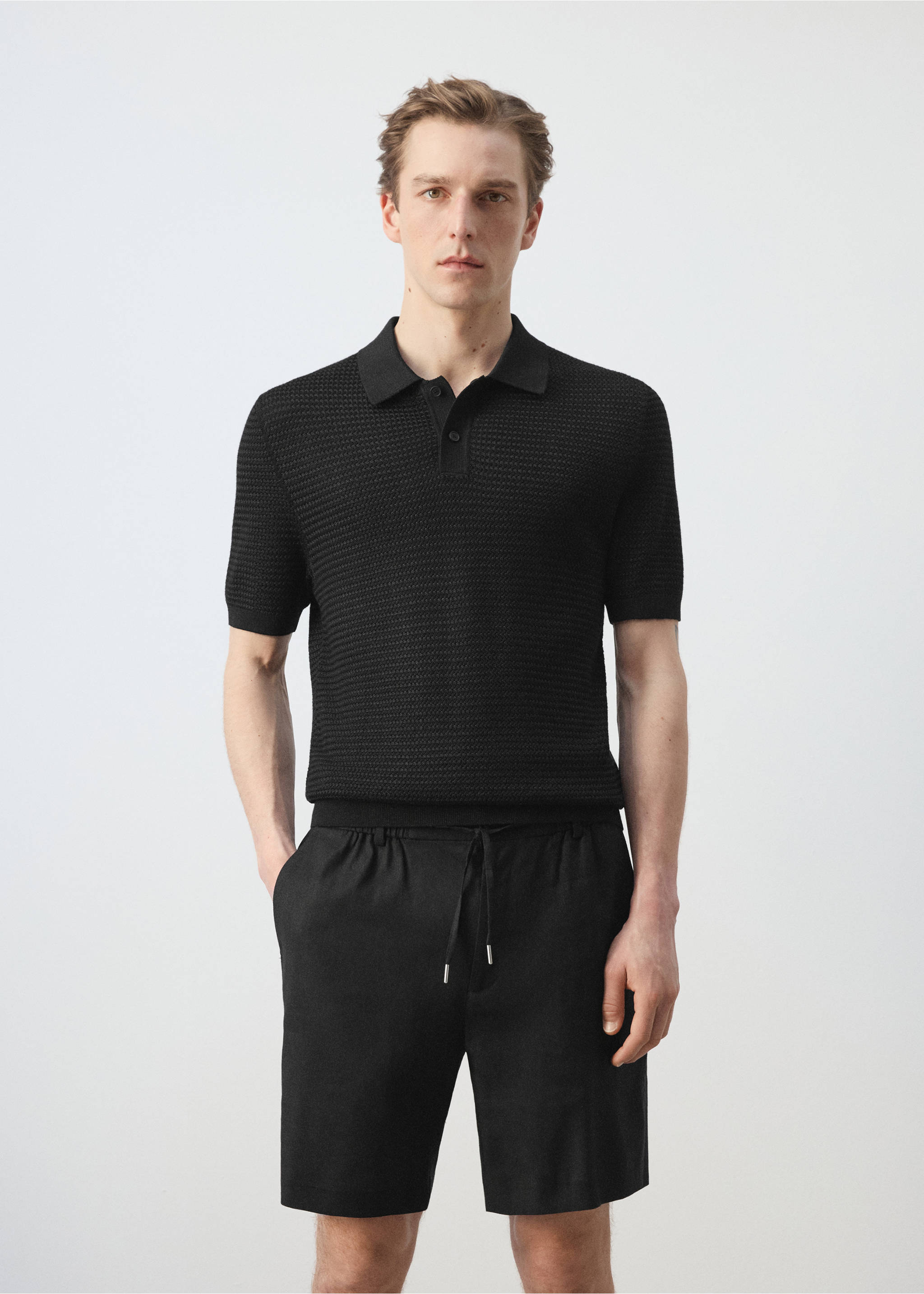 Fine-knit ribbed cotton polo shirt - Medium plane, Black. Ref: 27037915-00.