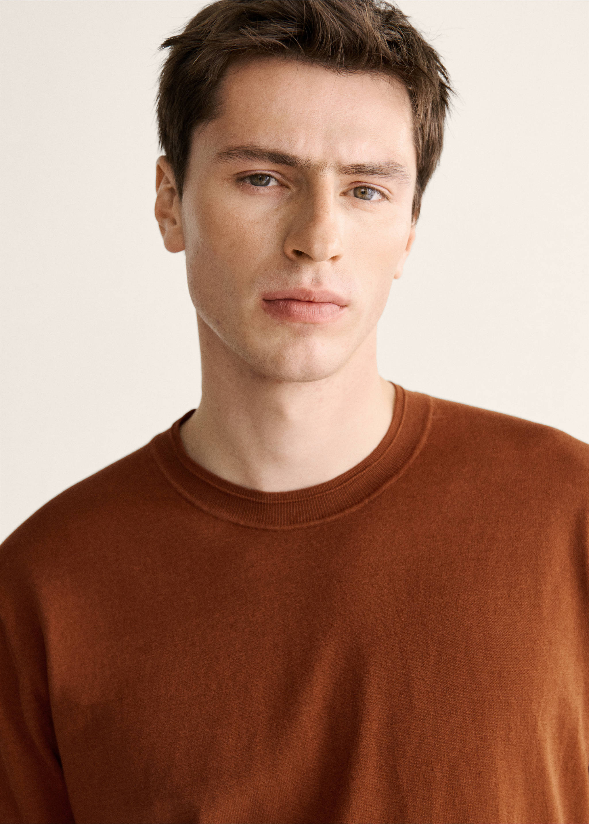 Cotton fine-knit t-shirt - Details of the article 1, Burnt Orange. Ref: 27037918-00.