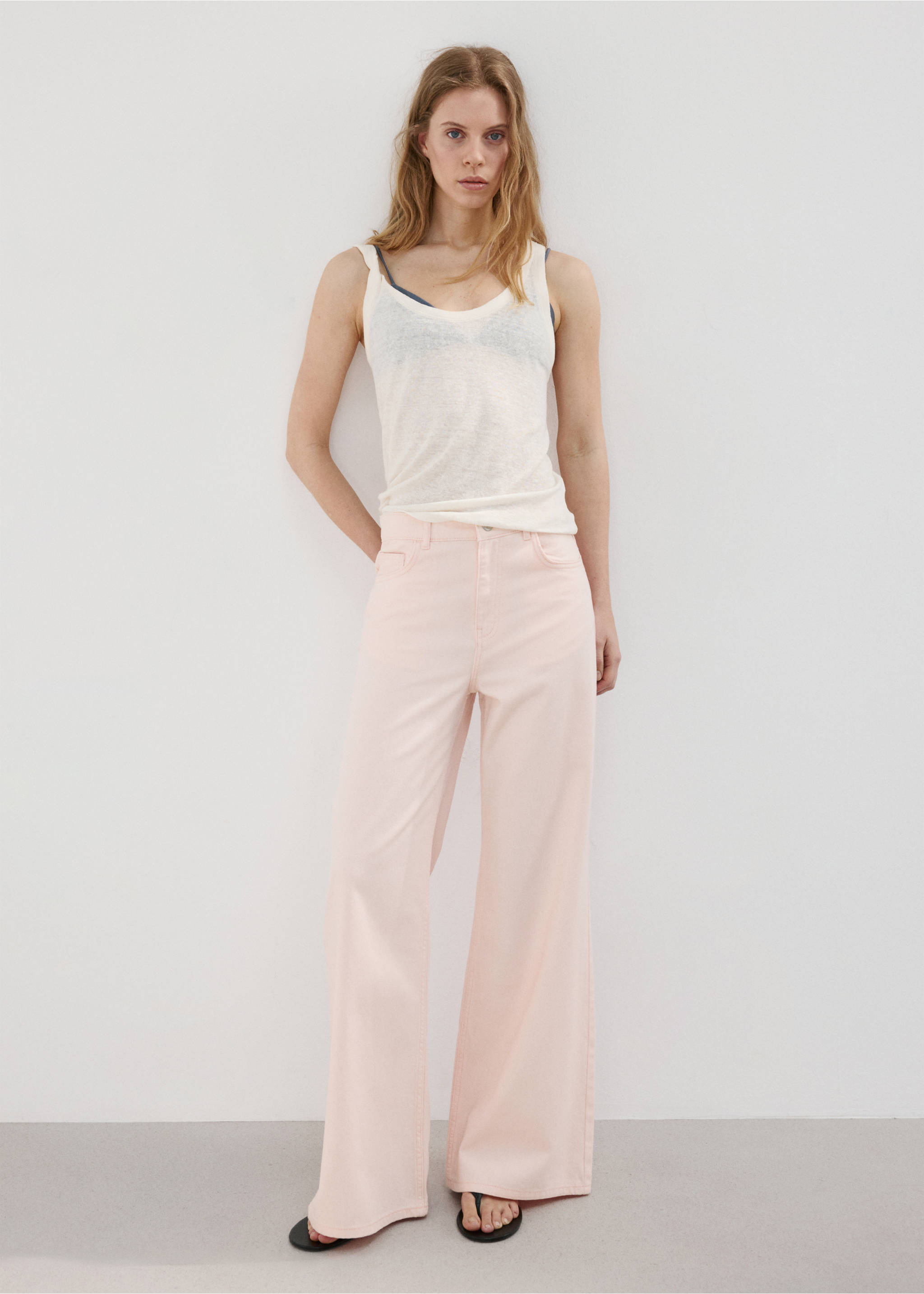 Wide leg mid-rise jeans - General plane, Pastel Pink. Ref: 27037941-00.
