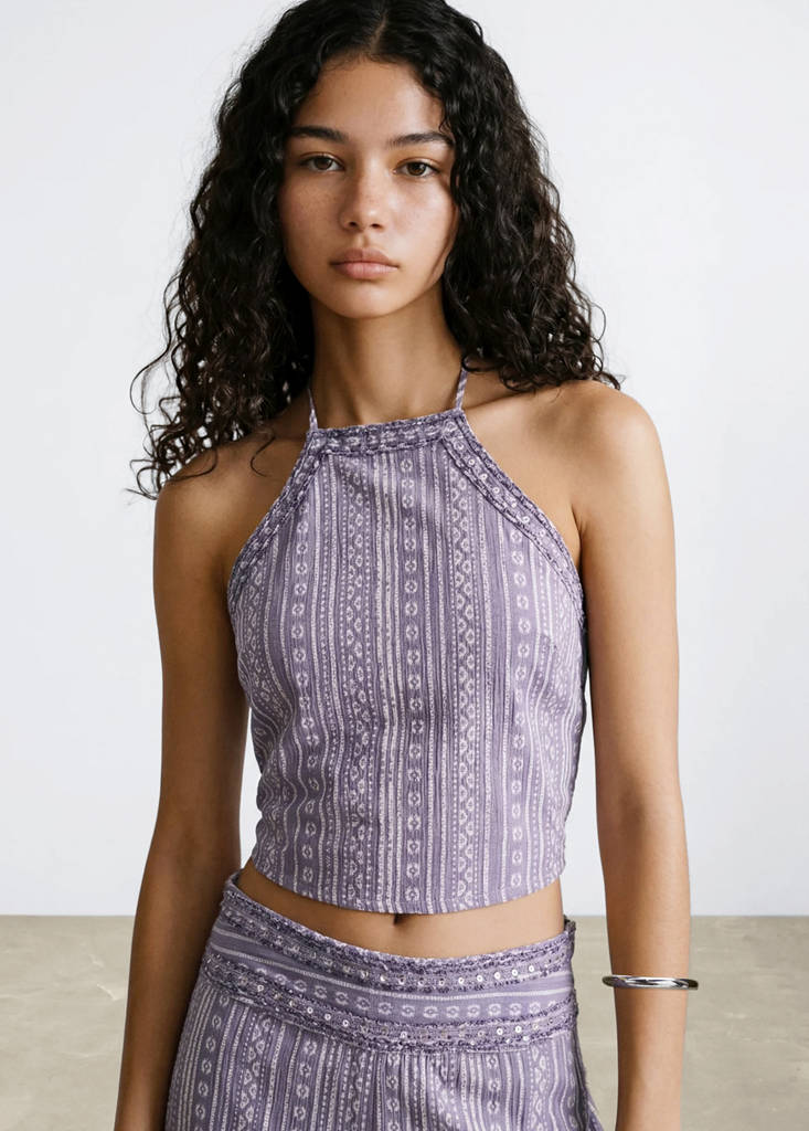 Printed halter-neck cropped top — Light/Pastel Purple