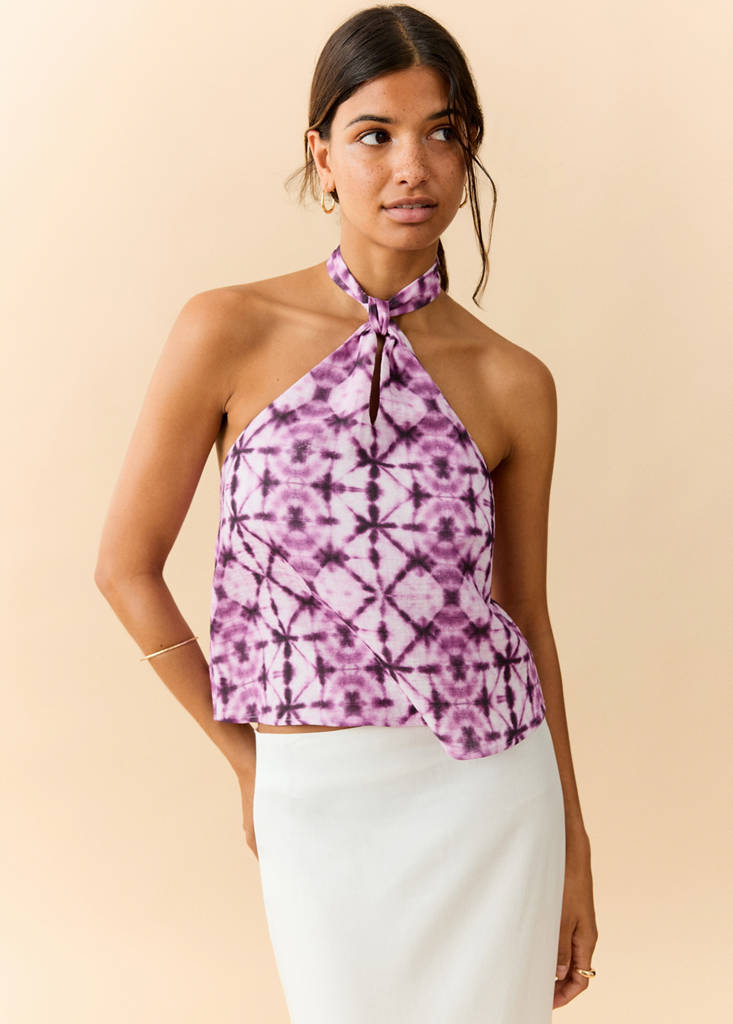Halter neck printed knot top — Pink