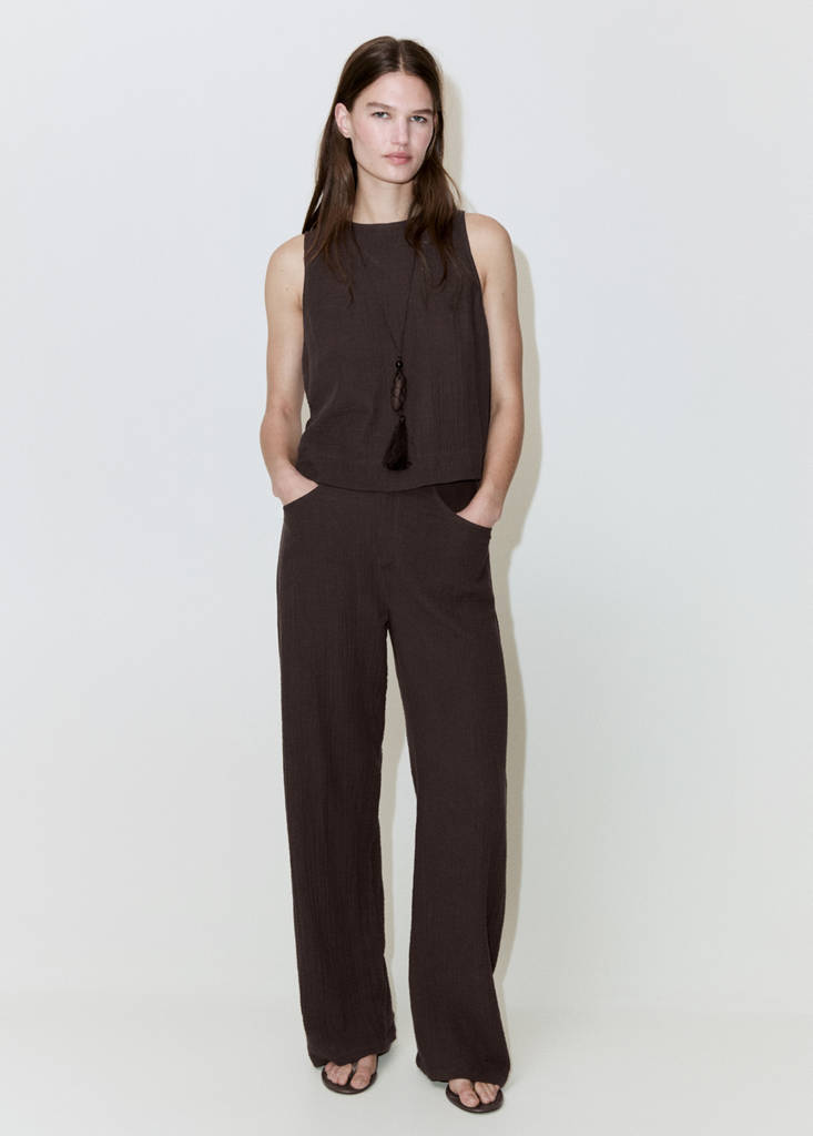 Straight-leg crinkle trousers — Chocolate