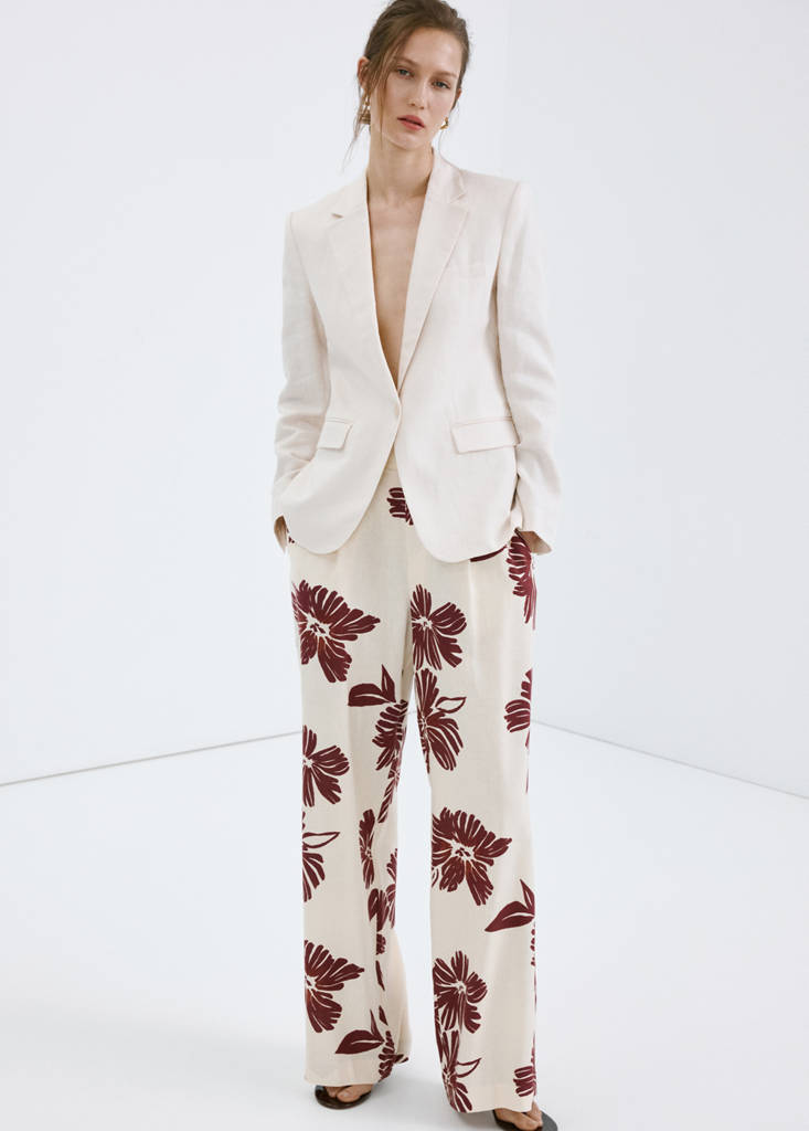 Printed pleated trousers — Ecru