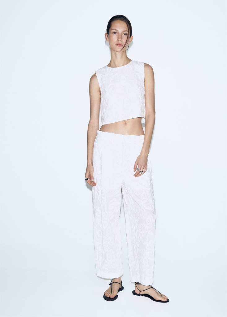 Mango Floral Embroidered Cotton Trousers In White