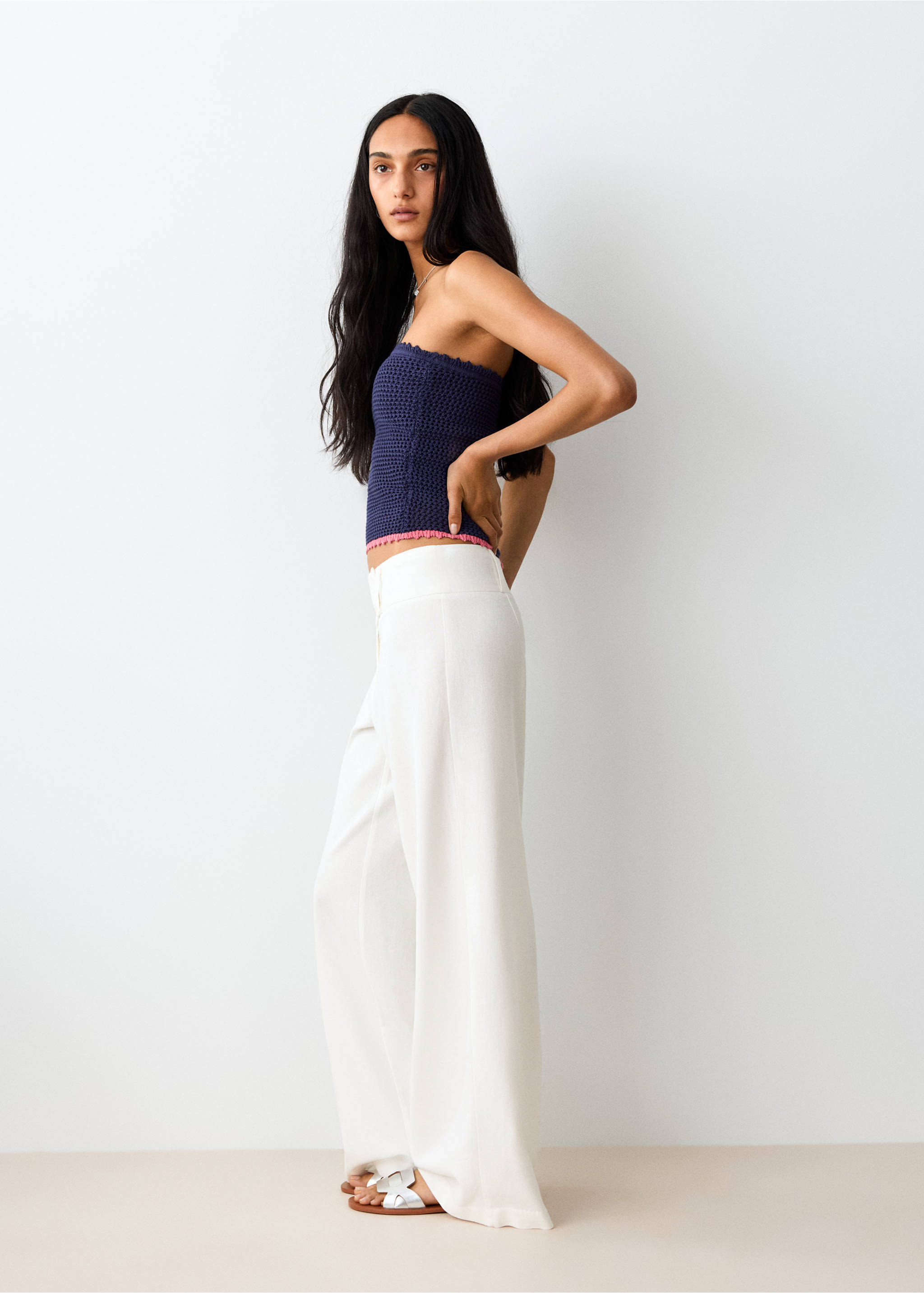 بنطلون قطن ولينين بقصة مستقيمة - رؤية وسط, سكري. Ref: 27039215-00.